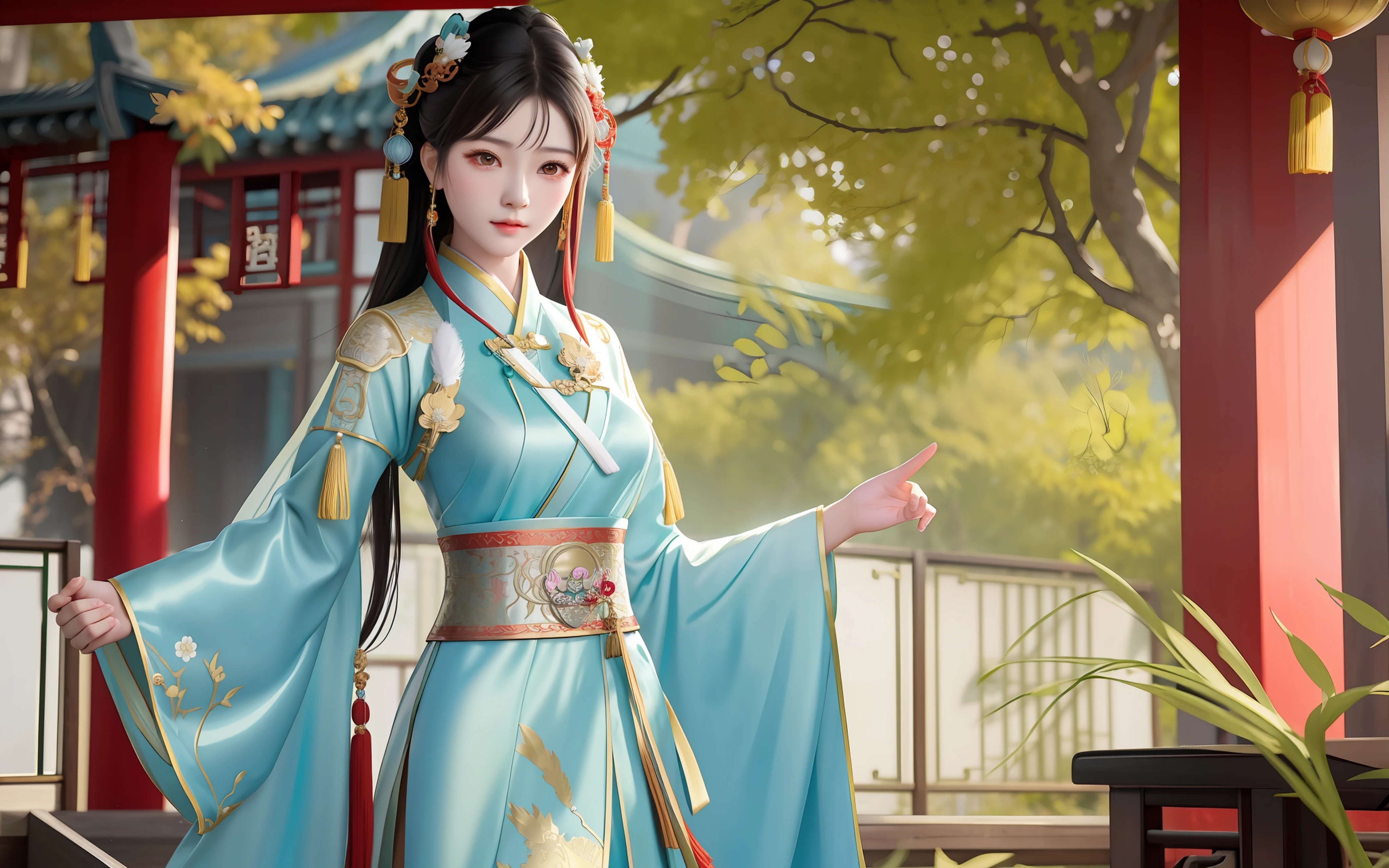 Two Asian women dressed in traditional costumes pose for a group photo, Ruan Jia and Artgerm, WLOP and Sakimichan, Guviz-style artwork, Guviz, ancient chinese beauti, transparent costume, Wearing ancient Chinese clothes, Artgerm and Ruan Jia, Hanfu, beautiful gemini twins portrait, trending on cgstation