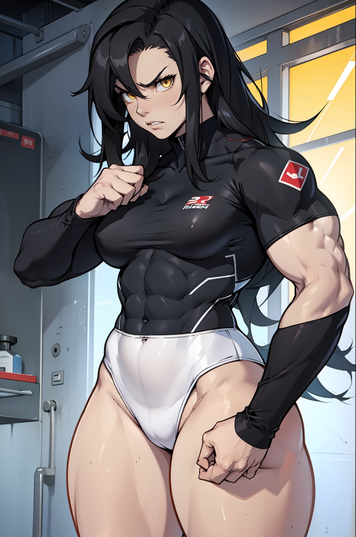 (((muscular))), (thick thighs, small breasts, tight clothes, toned body, 1 girl), black hair, pale skin, yellow eyes, angry, mound, very long hair