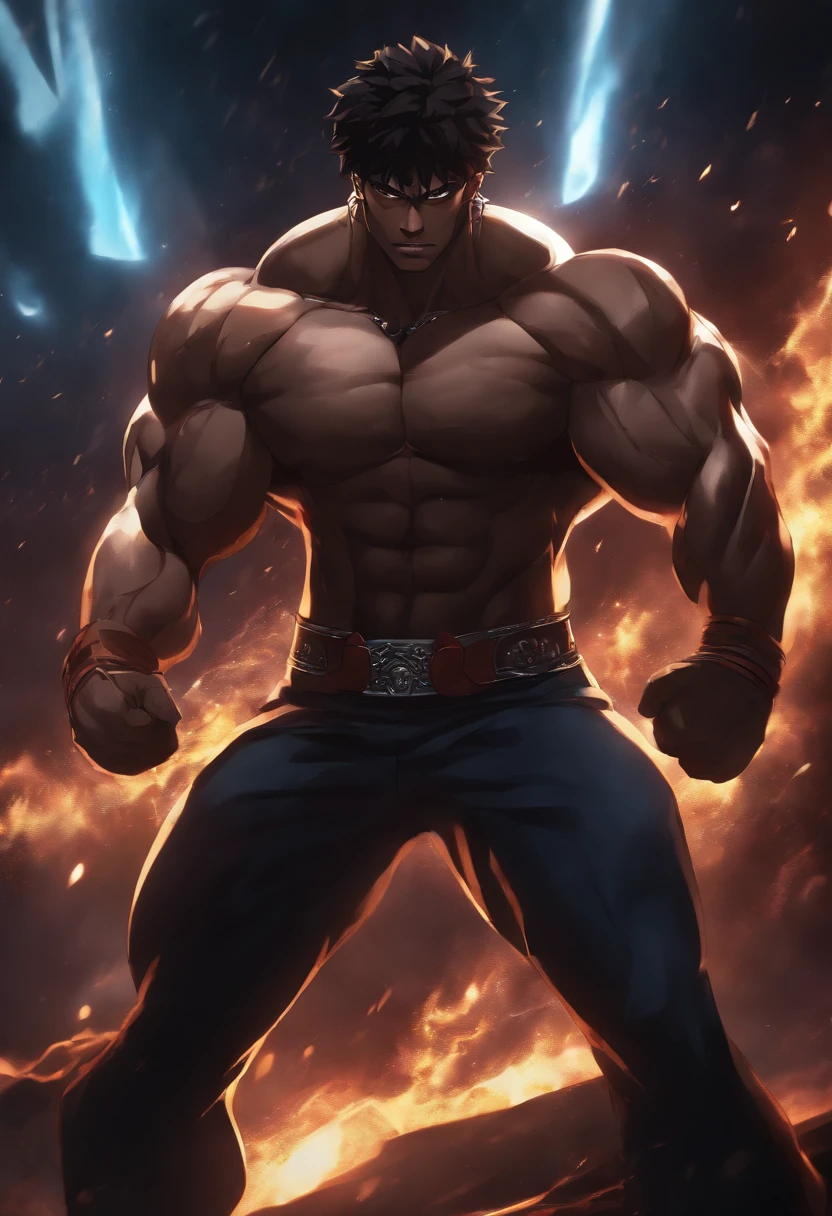 (highres,best quality,anime),(black,strong muscular build) anime character, detailed facial features, intense expression, dynamic pose, vibrant colors, dark background, dramatic lighting