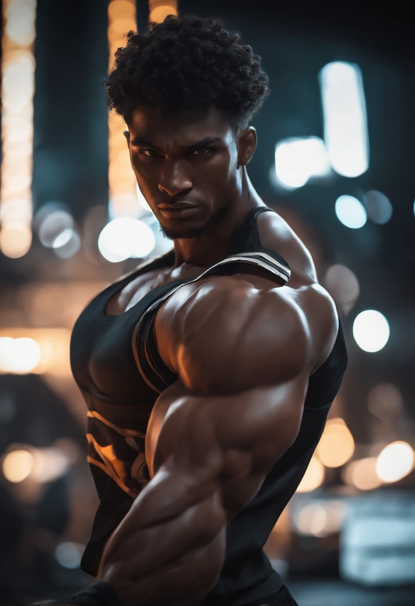 (highres,best quality,anime),(black,strong muscular build) anime character, detailed facial features, intense expression, dynamic pose, vibrant colors, dark background, dramatic lighting