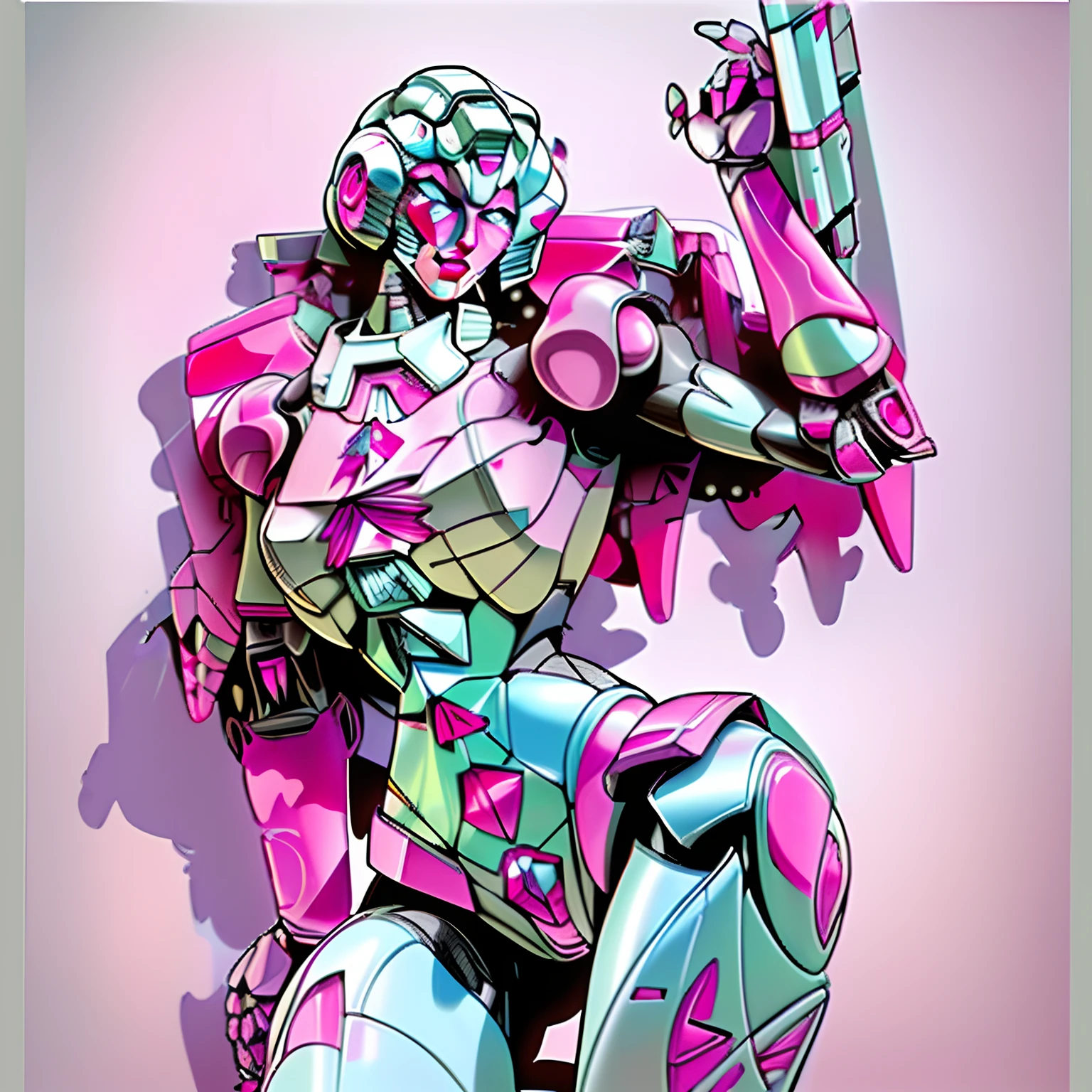 Transformers Arcee, robotic face, pink white armor,pin up art style,