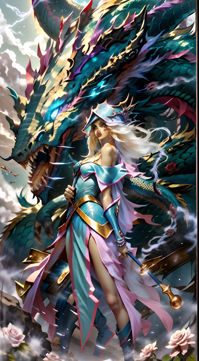 The Chinese White Divine Dragon rose into the air,(Dark Mage manipulates the dragon:1.3),(The dark wizard girl has her back to the camera:1.3),Las nubes del cielo rodean los alrededores,magia de luz,fantastic background,Significado de fondo,Ridiculous background,There are artistic overlays,cabello rubio, surrealismo, cinematic lighting, Trazado de rayos, Luz de Dios, Speed Line, view angle, hiper HD, obra maestra, La mejor calidad, Super detail, A high resolution, alta calidad,(vista lejana:1.3)