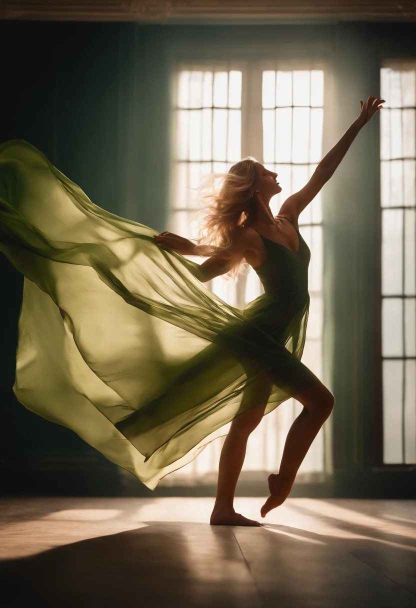 full body, dark, hyper-realistic photo of a beautiful woman dancing in a classical style, shoulders and arms with her head thrown back, one leg bent with knee forward, other leg with toes resting on the floor, moving transparent dress, theater style, with bright red long veil floating in the air, wavy blonde hair floating in the air, detailed skin, 8k model, perfect face, GREEN BACKGROUND, (8k, RAW photo, best quality, masterpiece:1.2), ((best quality)), ((masterpiece)), (detailed)