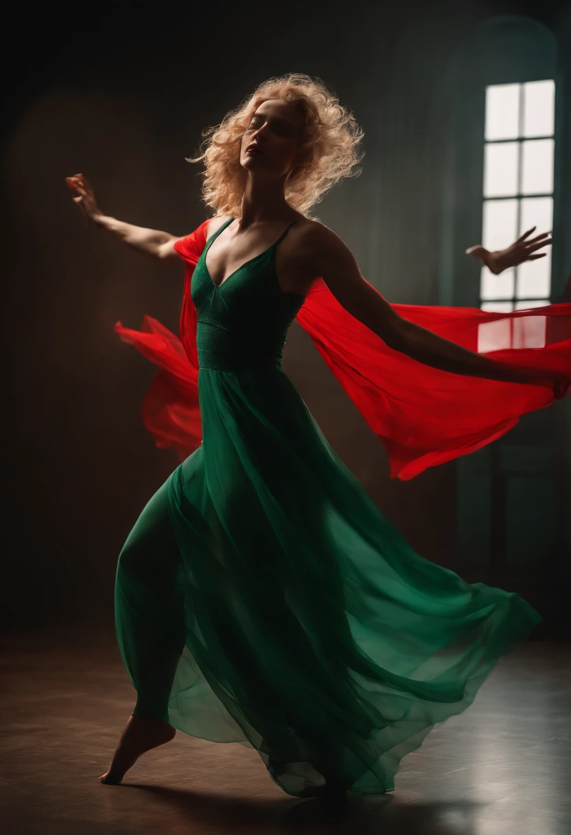 full body, dark, hyper-realistic photo of a beautiful woman dancing in a classical style, shoulders and arms with her head thrown back, one leg bent with knee forward, other leg with toes resting on the floor, moving transparent dress, theater style, with bright red long veil floating in the air, wavy blonde hair floating in the air, detailed skin, 8k model, perfect face, GREEN BACKGROUND, (8k, RAW photo, best quality, masterpiece:1.2), ((best quality)), ((masterpiece)), (detailed)