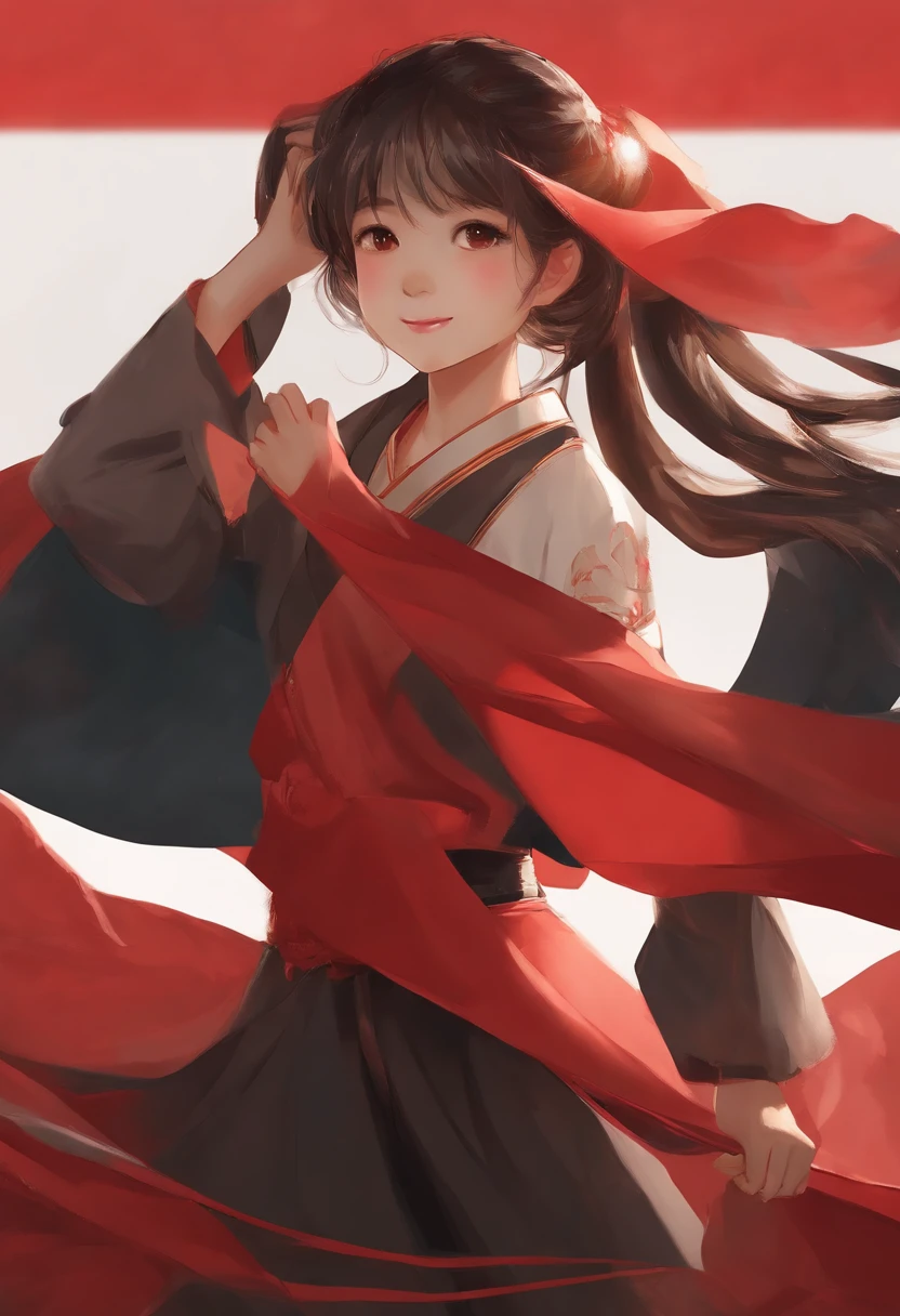 About National Day style painting,The background is a warm color,The picture shows a girl smiling at us with a red flag,Holding a five-star red flag,Anime comic style