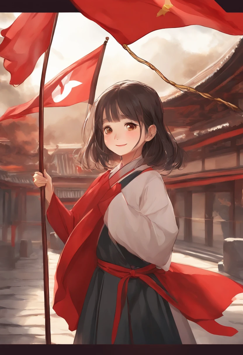 About National Day style painting，The background is a warm color，The picture shows a  girl smiling at us with a red flag，Holding a five-star red flag，Anime comic style