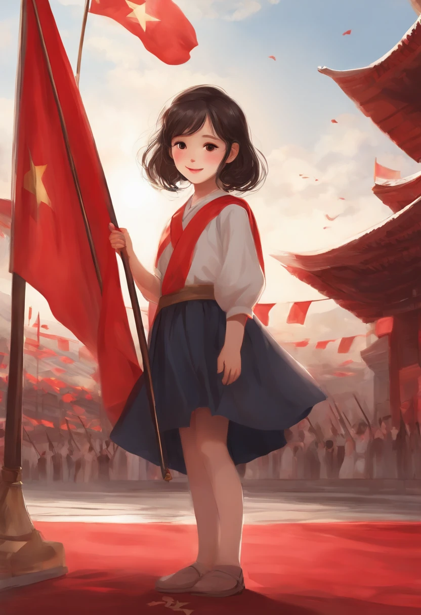 About National Day style painting,The background is a warm color,The picture shows a little girl smiling at us with a red flag,Holding a five-star red flag,Anime comic style