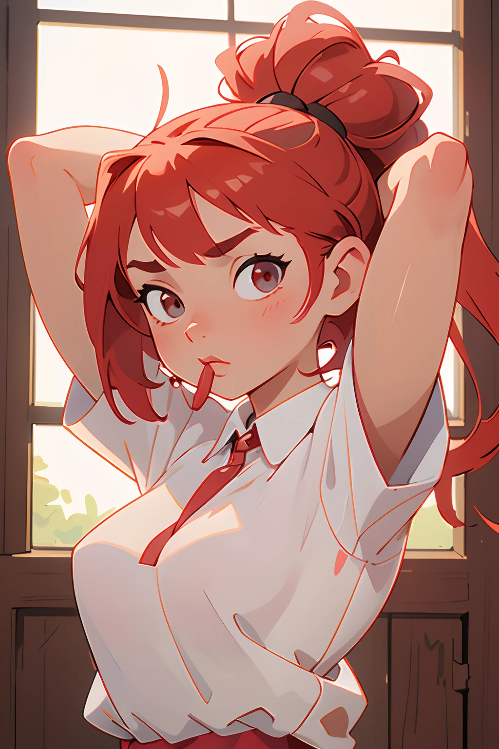 (masterpiece, best quality), 1girl, beautiful face,    hair tie in mouth, red hair, arms behind head