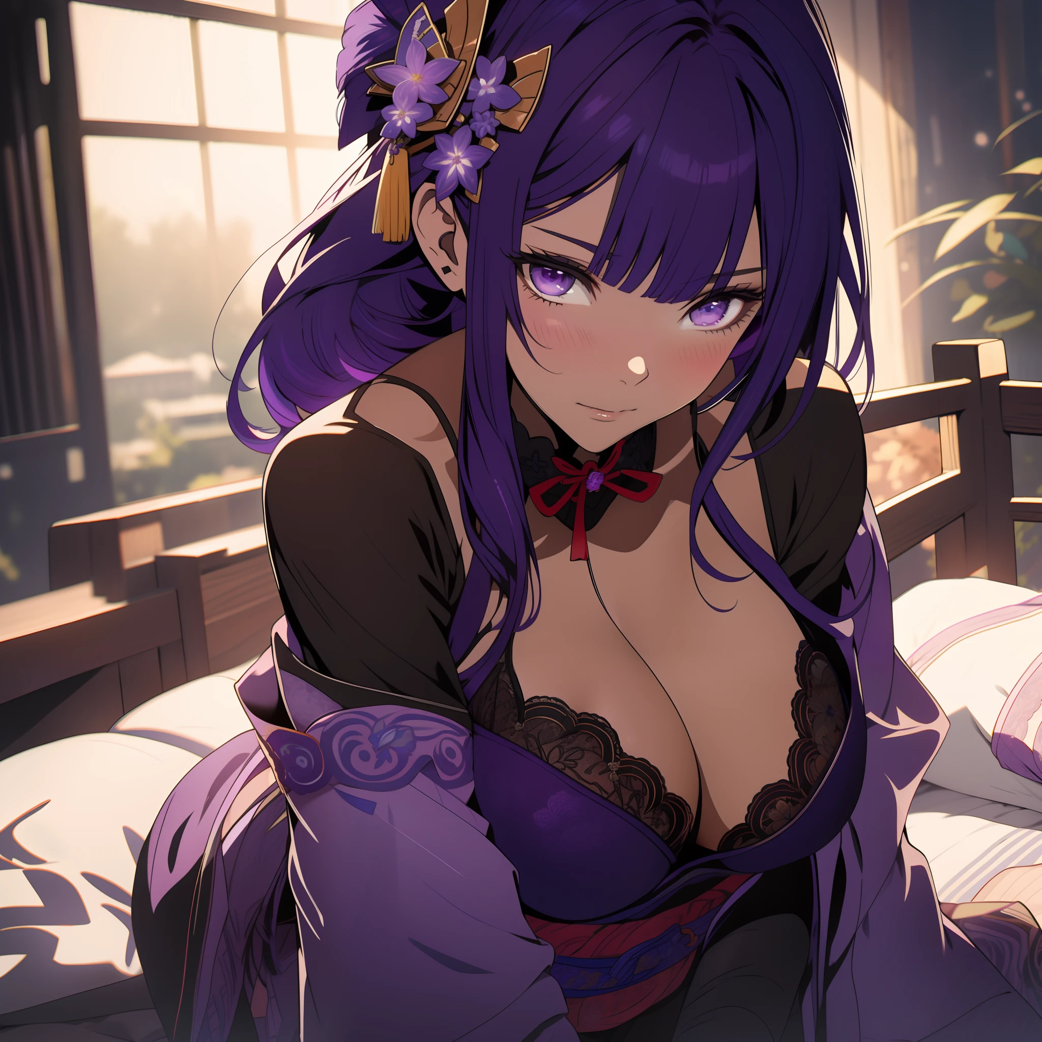 Masterpiece, best quality, super detailed, illustration, beautiful detailed eyes, ((far view, wide angle 1.31)), on the outside, a woman, 
raidenshogundef
raidenshogunrnd, intricate designed purple lace bra, purple and black lace intricate pantyhose, hair ornament, long purple hair, purple eyes, sexy, facing face, big breasts, cleavage, big breasts, blushing, masturbation, lying, lie on bed, flowers, Grab your own breasts, underboob, visible bellybutton,