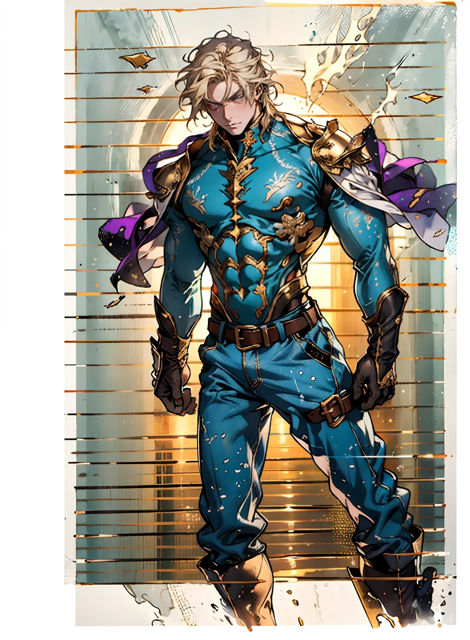 A middle-aged man with short golden hair, thick and tousled hair, a stern look, sharp eyes, well-defined facial features, a strong physique, he wears a short cape that flutters in the wind, a tight-fitting fantasy-style outfit, primarily in shades of blue-purple, accented by touches of orange-red and white, a gold belt with red jewels, matching trousers, the backdrop of a raging sea battle scene, a scene of intense naval warfare unfolds, this character embodies a finely crafted fantasy-style formidable maritime overlord in anime style, characterized by an exquisite and mature manga illustration art style, high definition, best quality, highres, ultra-detailed, ultra-fine painting, extremely delicate, professional, anatomically correct, symmetrical face, extremely detailed eyes and face, high quality eyes, creativity, RAW photo, UHD, 8k, Natural light, cinematic lighting, masterpiece:1.5