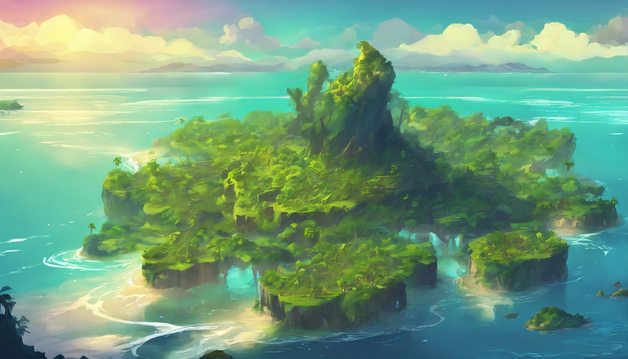 In the middle of the sea in the distance there is a jungle dream island, Dark paint map, Matte painting of the island, Isometric illustration art, highlydetailedillustrations, High quality detail art, an isometric fantasy map，Bright light