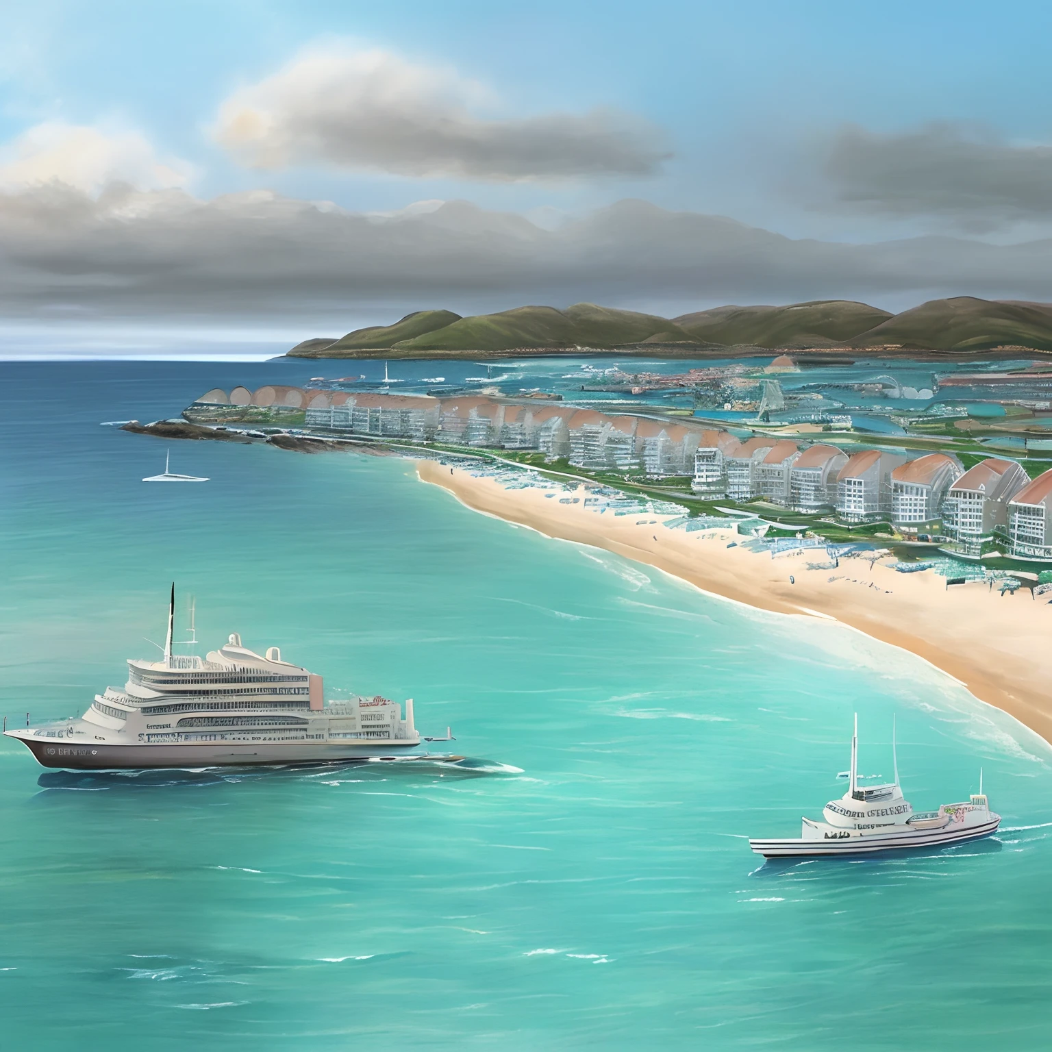 Seaside Resort, sterile environment, pastel colors, retrofuturistic, hand drawn illustration, ominous