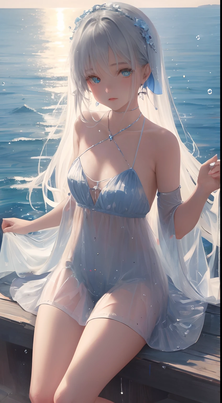 art by Cornflower, dready(A petite girl,Has a beautiful pair of delicate eyes。full bodyesbian,teardrop,Heterochromia,spread their legs,The depth of field in the photo was perfect,Lens flare adds a nice touch。The delicate details on her face really stand out,score because this photo is definitely greater than 10。In the background,There is a beautiful ocean,The sea is crystal clear,There are water droplets on the surface