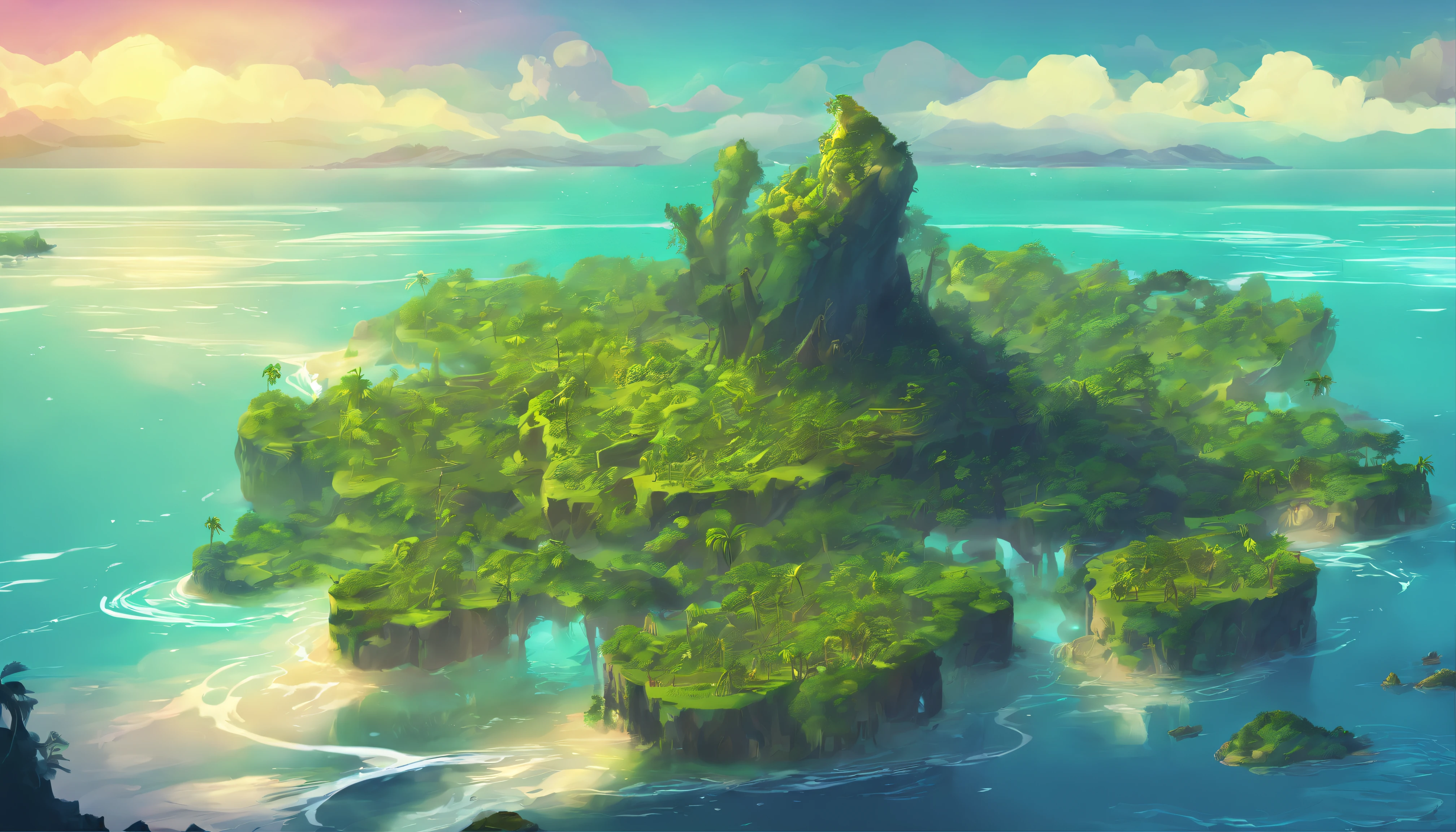 In the middle of the sea in the distance there is a jungle dream island, Dark paint map, Matte painting of the island, Isometric illustration art, highlydetailedillustrations, High quality detail art, an isometric fantasy map,Bright light