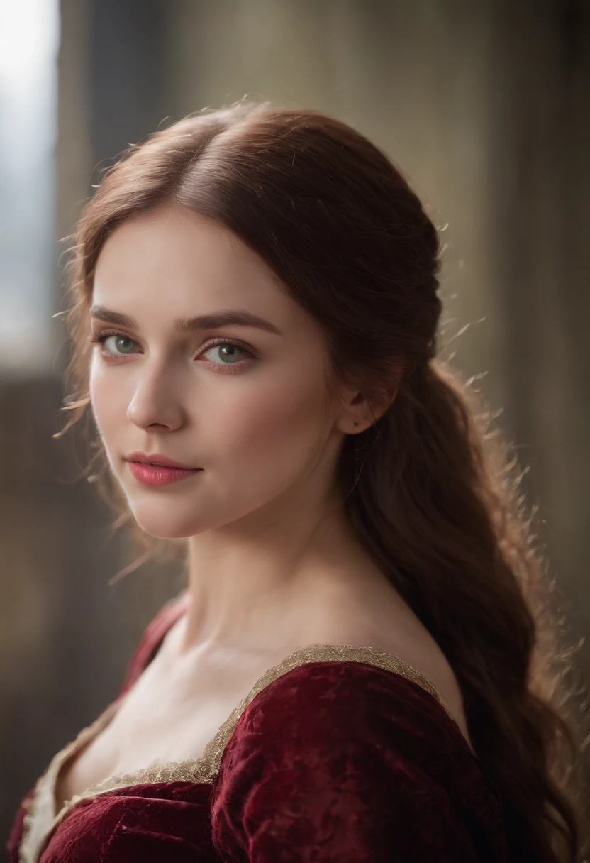 (((A deep reddish scar runs across her left cheek))) light skinned, Women around 19 years old, Natural gray hair, Distinctive green eyes, Wearing Cole, slender and graceful,, Beautiful, Candlelight in medieval atmosphere, Ultra Sharp Focus, realistic shot, Women's clothing in the Middle Ages, Tetradic color (Scar:1.4)