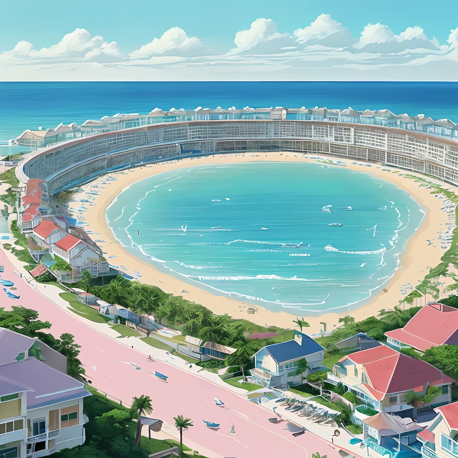 Seaside Resort, sterile environment, pastel colors, retrofuturistic, hand drawn illustration, ominous
