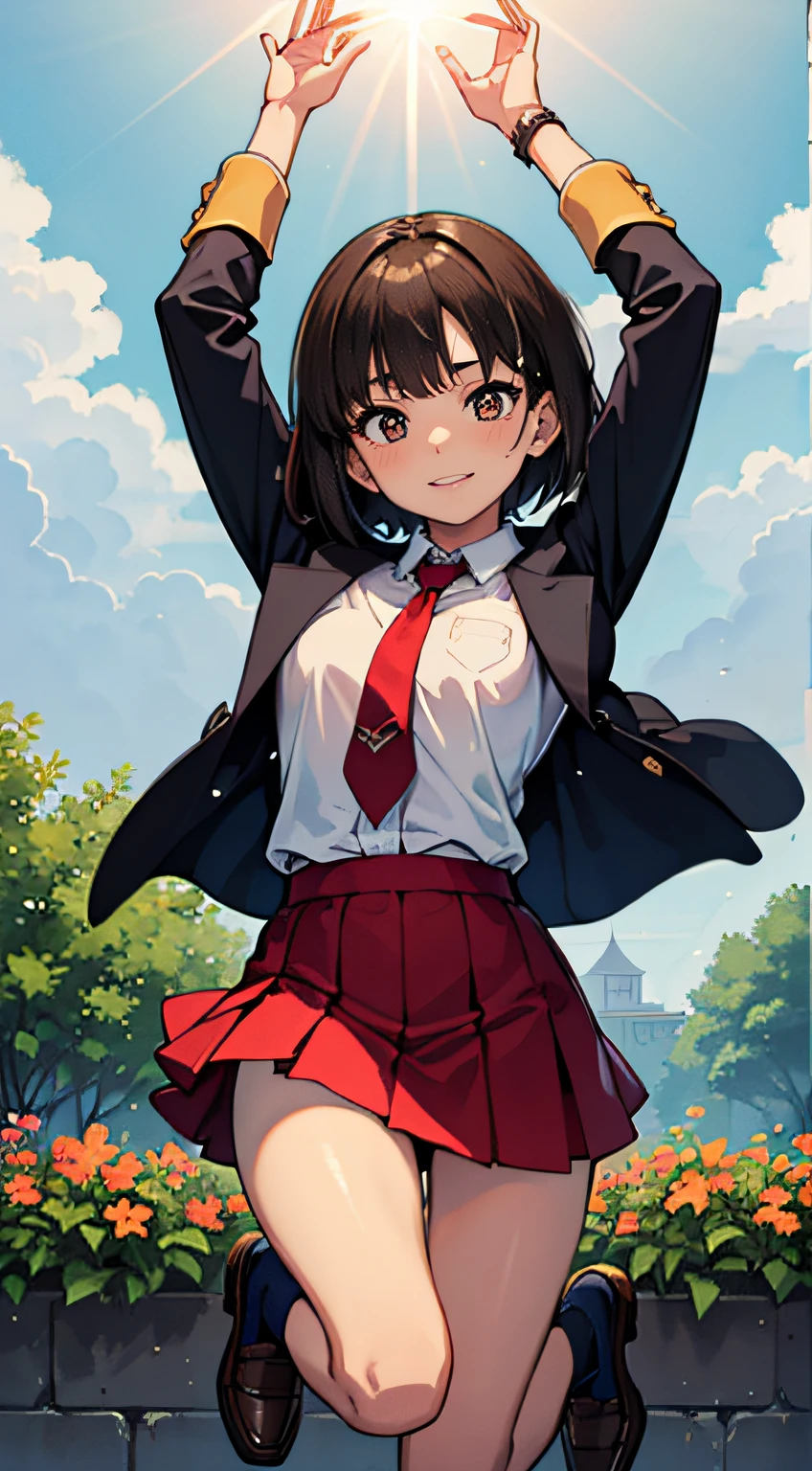 ((Masterpiece, Best Quality)), distance view, realistic expression, (solo), evening, smiling, jumping, arms outstretched, backlight, rain shower (colorful scattering of colors), floating droplets, one female, full figure, slender figure, pretty, teenage girl, flat chest, (high resolution and ), (extreme detail), (highly detailed face), soft skin, finely detailed (highly detailed face), clean, deep brown eyes (highly detailed eyes), slim thighs, blush, uniform, long white shirt, blue tie, red blazer, red vest, beige skirt, knee length skirt, blue high socks, loafer shoes, teenage, shoulder length straight short silky bob falling, short hair towards back of head, dark green hair, many flower beds, (wide blue sky), lens flare, fine features, mastepiece, top quality perfect anatomy, centrally placed perfect anatomy, centered, perfect distance, clean, highly detailed, flattering, illustrated, masterpiece, intricate, accurate, clean, Amazing, exquisite, rich colors, elaborate details, golden ratio illustration