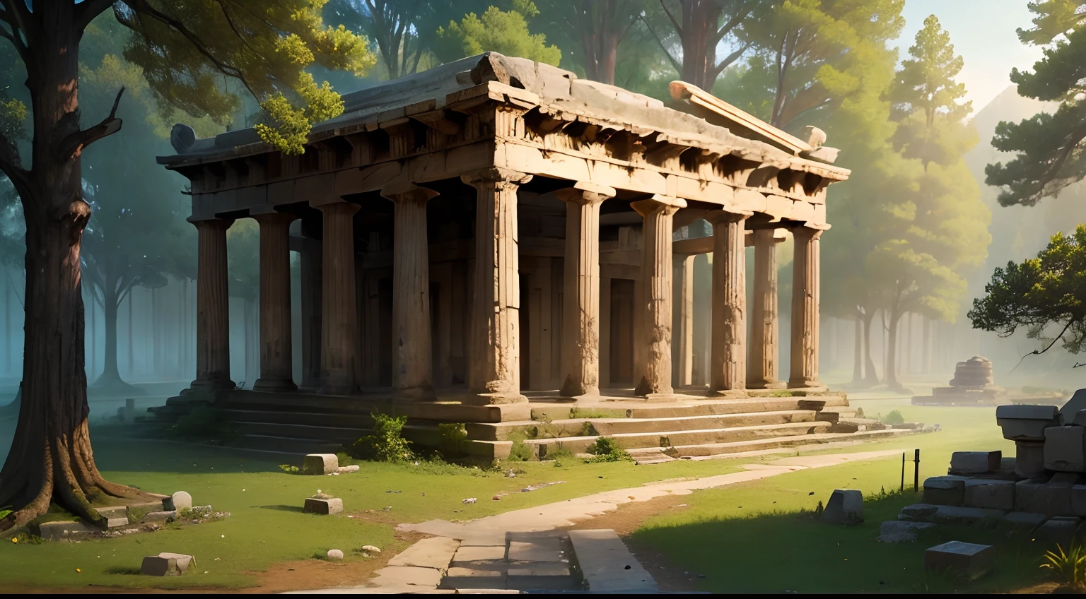 a greek forest with temple ruins, stoic, masterpiece, landscape