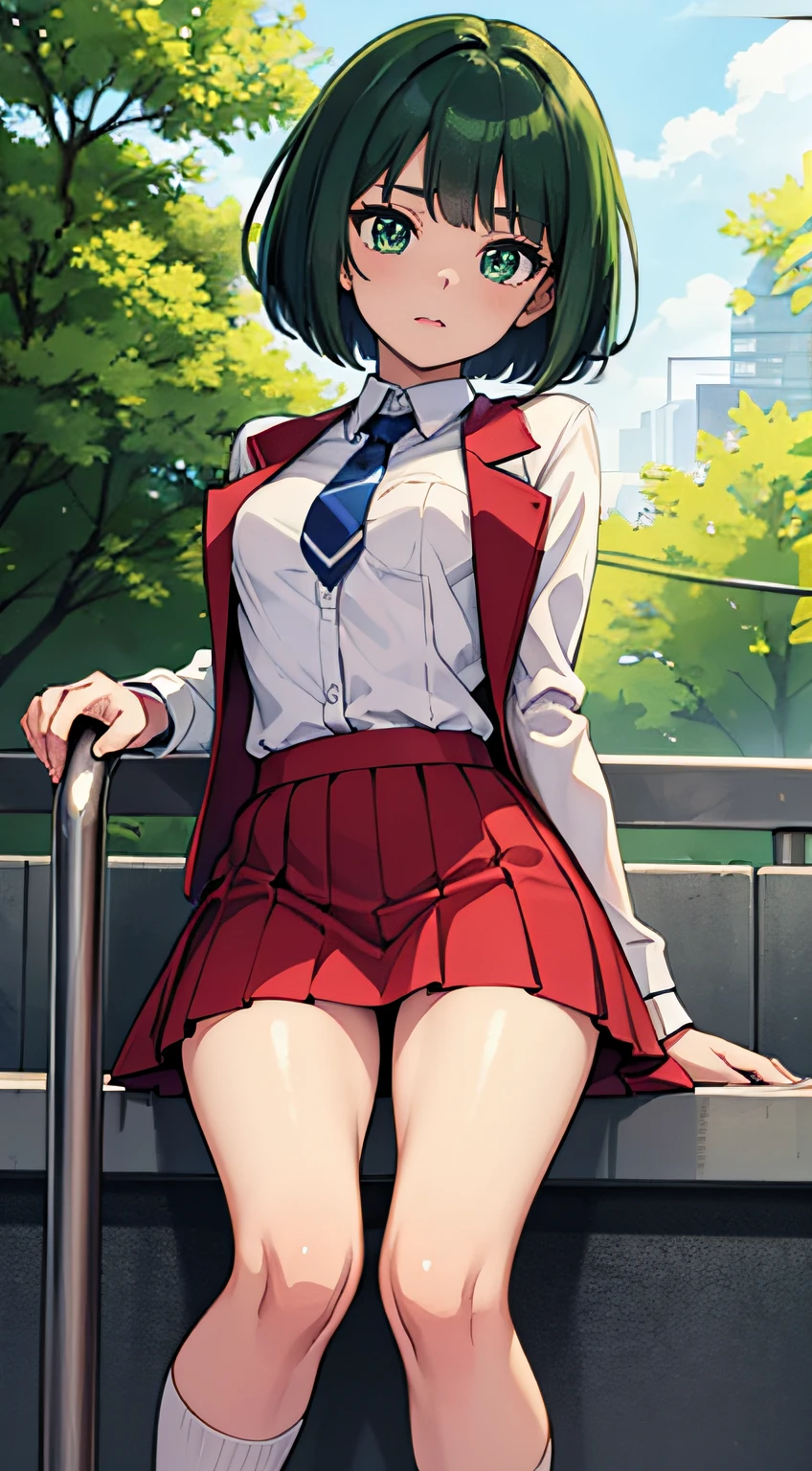 ((Mastepiece, top quality)),(solo), built and oriented for camera, school, poolside, poor tits , slim thighs, uniform, long white shirt, blue tie, red blazer, red vest, beige skirt, skirt is knee length, blue high socks, low fur shoes, girl, small tits , slim thighs, soft skin, nice big dark green eyes (high detail eyes), short silky bob that falls straight down to shoulder length, short hair towards back of head, dark green hair, school, floating droplets, lens flare, fine features, perfect anatomy Tommy, Centered, Perfect Distance, Highly Detailed, Complex, Accurate, Highly Detailed Rich Colors, Tame, Rich Colors, Accurate, Clean, Rich Colors, Elaborate Details, Golden Ratio Illustration
