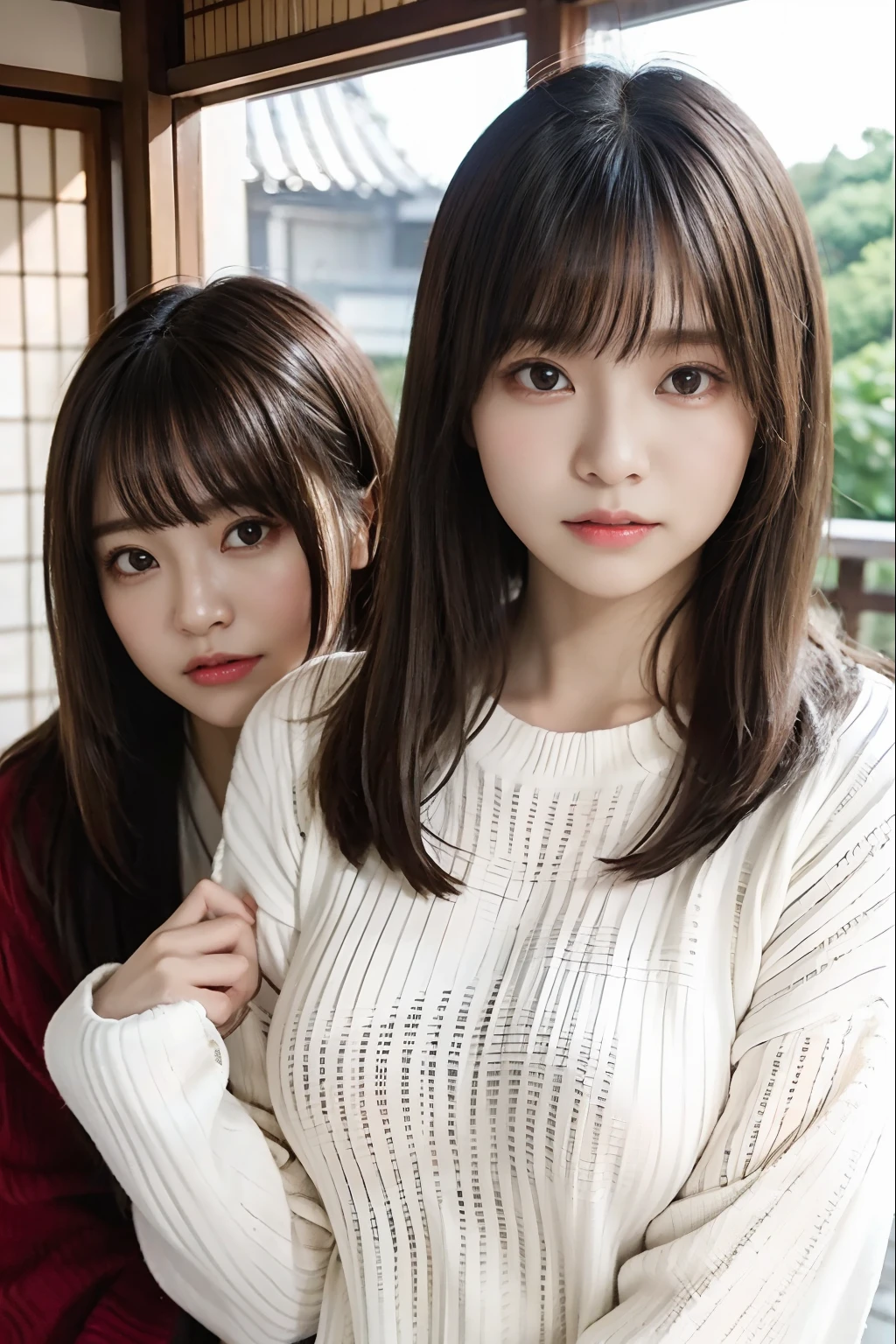 randome pose、top-quality、超A high resolution、(Photorealsitic:1.5)、1人、Sweaters、(The long-haired:1.2)、(huge-breasted:1.2)、ryokan、looking at viewert、a closeup、full body Esbian、Nasty eyes、embarassed face