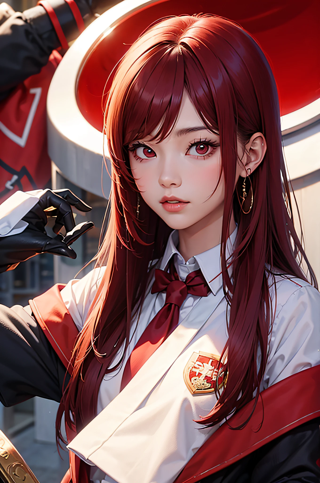 (masterpiece), best quality, perfect face, 1girl, red uniform, pink hair