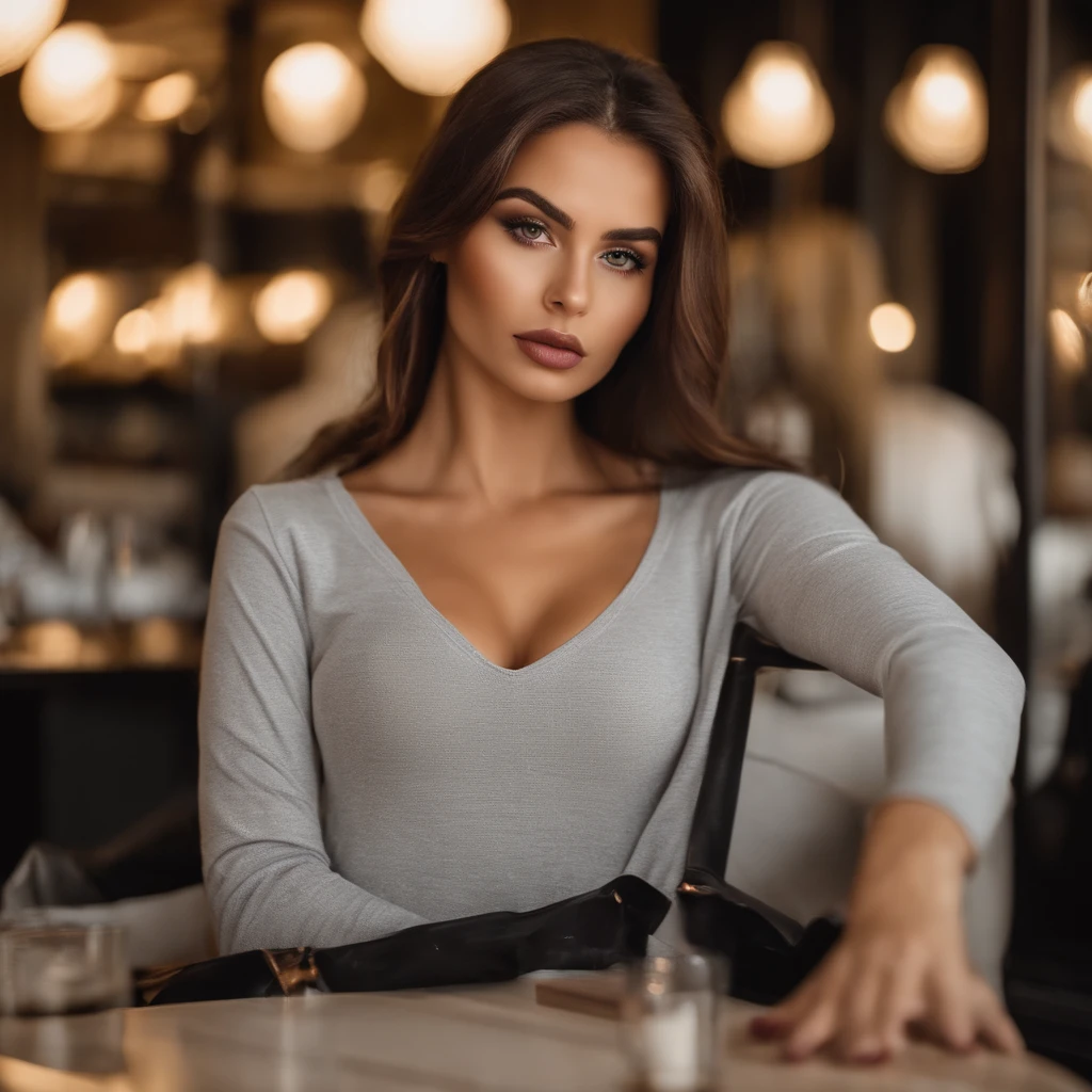 Femme Latina en T-shirt blanc et collier, Repas au restaurant, fille sexy aux yeux verts, Portrait Sophie Mudd, cheveux bruns et grands yeux, selfie of a young woman, Yeux de chambre, Violet Myers, pas de maquillage, maquillage naturel, looking straight at camera, Visage avec Artgram, maquillage fin, Superbe plan complet, piercing green eyes, Bel angle, pose attrayante, douce fille, sexy pose, Image pleine longueur, complet - corps, Prise de vue du corps entier, brunette goddess, High detail, Posture satisfaite, dans une jupe grise et des bottes, jupe upskipe, bottes de genou