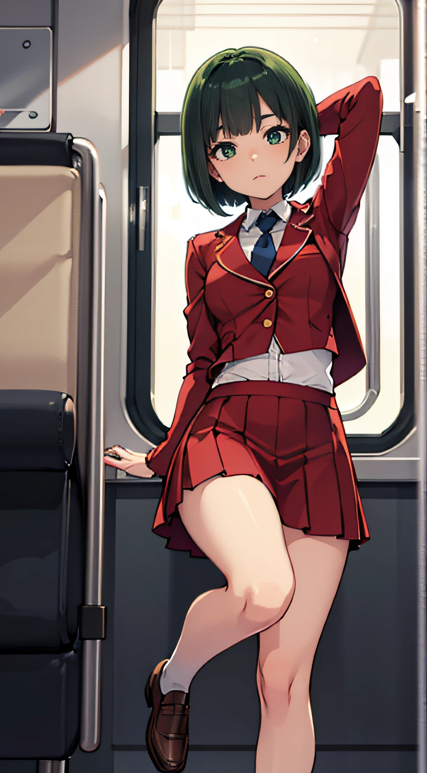 ((Masterpiece, top quality)),(solo), built and oriented for camera, standing, in train car, leaning against wall, looking out window, uniform, long white shirt, blue tie, red blazer, red vest, beige skirt, skirt is knee length She is wearing blue high socks, loafer shoes, , small breasts , slim thighs, soft skin, nice big dark green eyes (high detail eyes), short silky bob that falls straight down to shoulder length, short hair towards back of head, dark green hair, school, floating droplets, lens flare, fine Features, Perfect Anatomy, Centered, Perfect Distance, Highly Detailed, Complex, Accurate, Highly Detailed Rich Color, Smooth, Rich Color, Accurate, Clean, Rich Color, Elaborate Detail, Golden Ratio Illustration