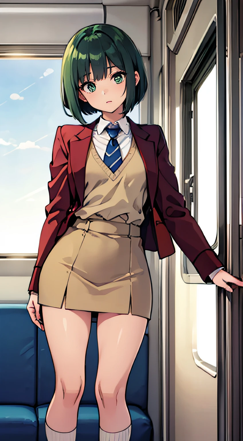 ((Masterpiece, top quality)),(solo), built and oriented for camera, standing, in train car, leaning against wall, looking out window, uniform, long white shirt, blue tie, red blazer, red vest, beige skirt, skirt is knee length She is wearing blue high socks, loafer shoes, teen girl, small breasts , slim thighs, soft skin, nice big dark green eyes (high detail eyes), short silky bob that falls straight down to shoulder length, short hair towards back of head, dark green hair, school, floating droplets, lens flare, fine Features, Perfect Anatomy, Centered, Perfect Distance, Highly Detailed, Complex, Accurate, Highly Detailed Rich Color, Smooth, Rich Color, Accurate, Clean, Rich Color, Elaborate Detail, Golden Ratio Illustration