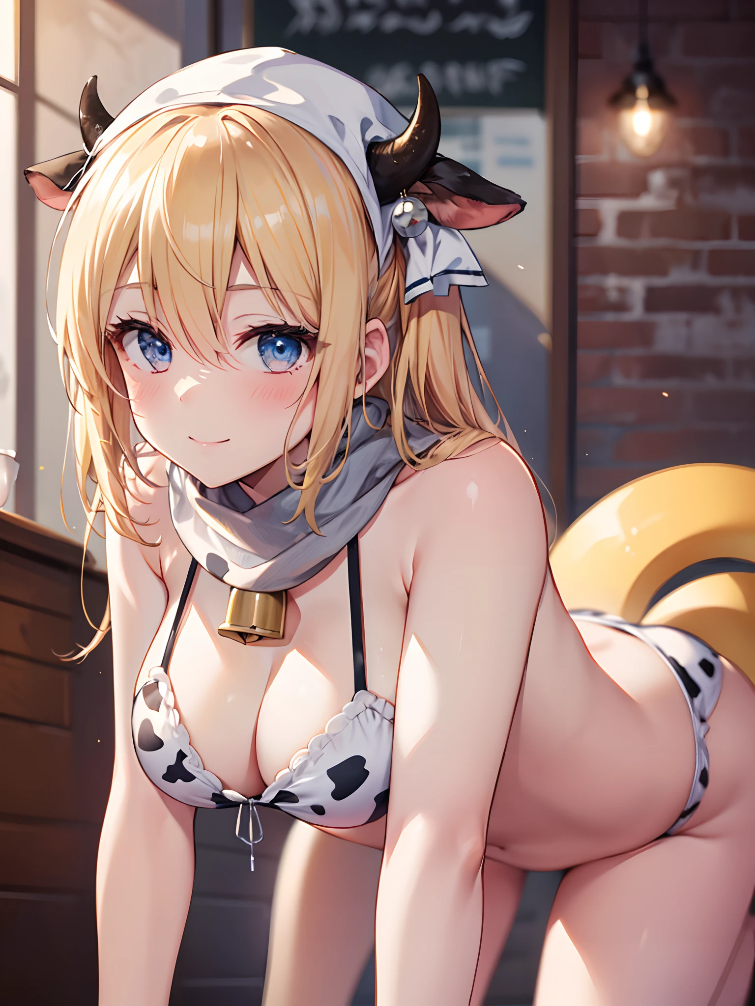 1girl in, (Chiquita:1.2), Kaho Hyuga, a blond, Twin-tailed, Scarf on the head, 

cow patterned bikini, cowbell, 
(Best Quality, hight resolution, 4K, Detailed Lighting, Shaders, perfect anatomia:1.2, NSFW), 
(nursing, Focus:1.2), 

Smile, blush, 
looking at viewer, 
Cafe Background, all-fours,