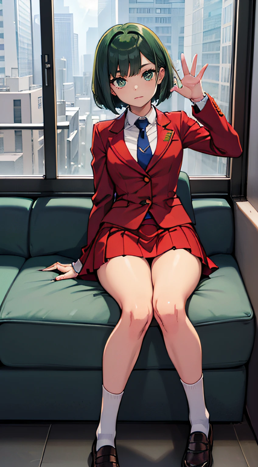 ((Mastepiece, top quality)),(solo), built and oriented for camera, leaning out of window, waving from upper level, leaning back, uniform, long white shirt, blue tie, red blazer, red vest, beige skirt, skirt is knee length, blue high socks, loafer shoes, teen girl, small breasts , slim thighs, soft skin, nice big dark green eyes (high detail eyes), short silky bob falling straight down to shoulder length, short hair towards back of head, dark green hair, school, floating droplets, lens flare, fine Features, Perfect Anatomy, Centered, Perfect Distance, Highly Detailed, Complex, Accurate, Highly Detailed Rich Color, Smooth, Rich Color, Accurate, Clean, Rich Color, Elaborate Detail, Golden Ratio Illustration