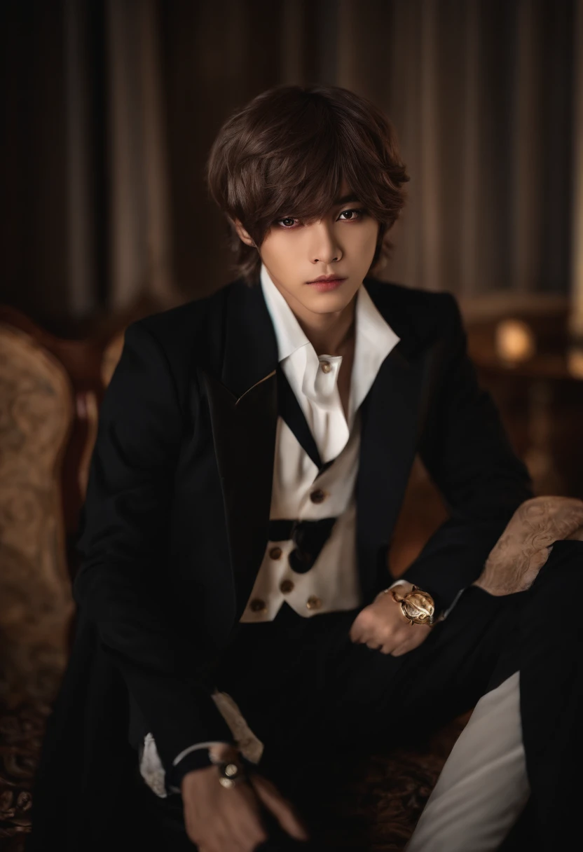 Taehyung loiro sentado fazendo cosplay de Dazai