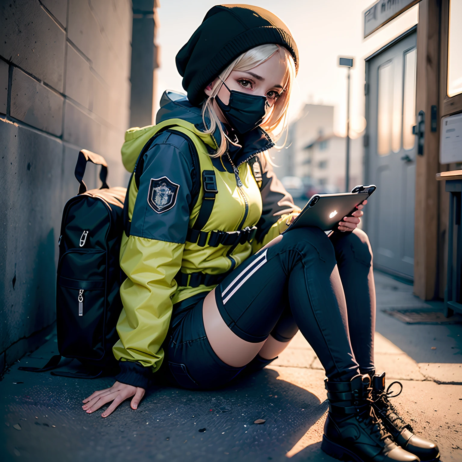 ((alta qualidade)), ((obra-prima)), 8k, 1girls, bullet proof vest, raios de luz, papel de parede 8k de unidade CG extremamente detalhado, jogo cg, olhando para o visualizador, luvas, botas, corpo inteiro, watch, computador, WMASK, drone, segurando arma, fones de ouvido, jaqueta, bolsa, mochila,