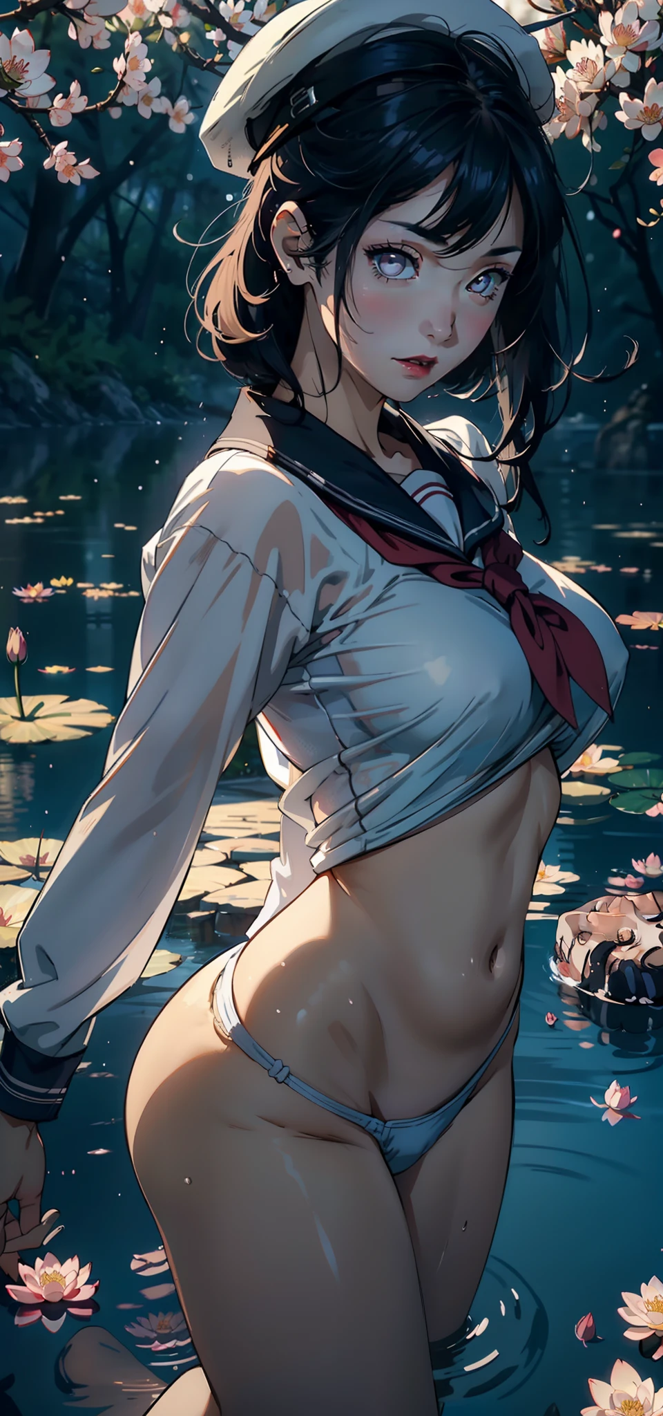 1female,45 yers old,Married Woman,,plumw,extremely large bo独奏,(Background with:ponds,Cherry blossom forest,lotus flower)Lie underwater, She has short black hair,seen from the front,, mostly cloudy sky,(((tmasterpiece),(Very detailed CG unity 8K wallpaper),best qualtiy,cinmatic lighting,detailed back ground,beatiful detailed eyes,Bright pupils,Black eyes,Snow-whiteskin,Redlip(Very fine and beautiful),(Beautiful and detailed eye description),ultra - detailed,tmasterpiece,))facing at camera,A high resolution,ultra - detailed),revealing breastsenitalia, Bulge,legs are open,Raised sexy,Camel toeesireatisfactionage,Navy,elementary student,(Wearing:校服,Sailor's cap,Transparent sailor uniform,Bare ,)