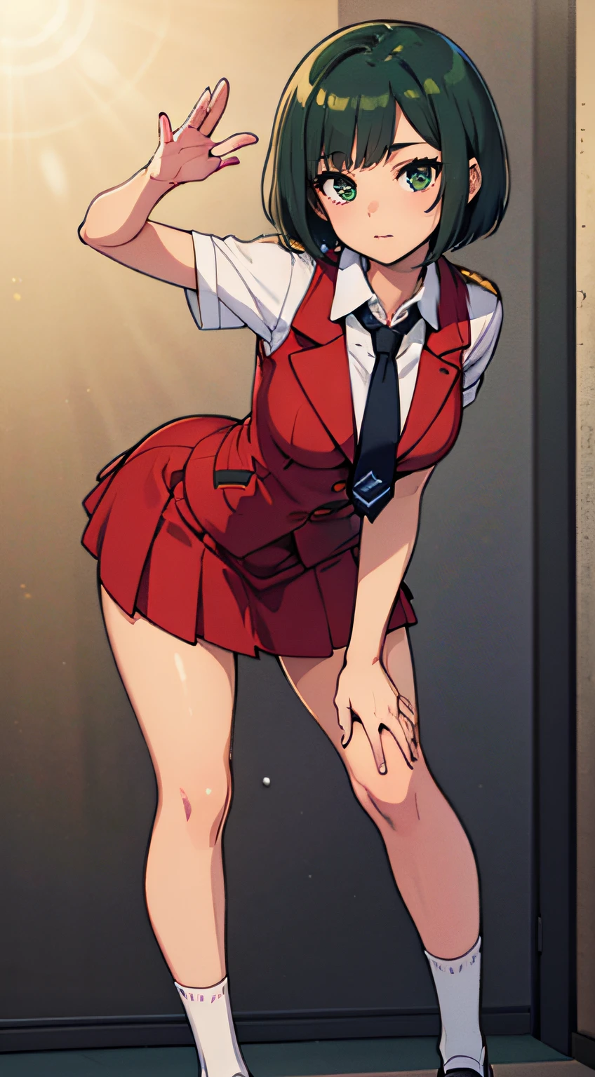 ((Masterpiece, top quality)),(solo), built and oriented for camera, waving from upper level, leaning forward, uniform, long white shirt, blue tie, red blazer, red vest, beige skirt, skirt is knee length, blue high socks, Loafer shoes, teen girl, tan , slim thighs, soft skin, nice big dark green eyes (high detail eyes), short silky bob that falls straight down to shoulder length, short hair towards back of head, dark green hair, school, floating droplets, lens flare, fine features, perfect Anatomy, Centered, Perfect Distance, Highly Detailed, Complex, Accurate, Highly Detailed Rich Color, Lilac, Rich Color, Accurate, Clean, Rich Color, Elaborate Detail, Golden Ratio Illustration