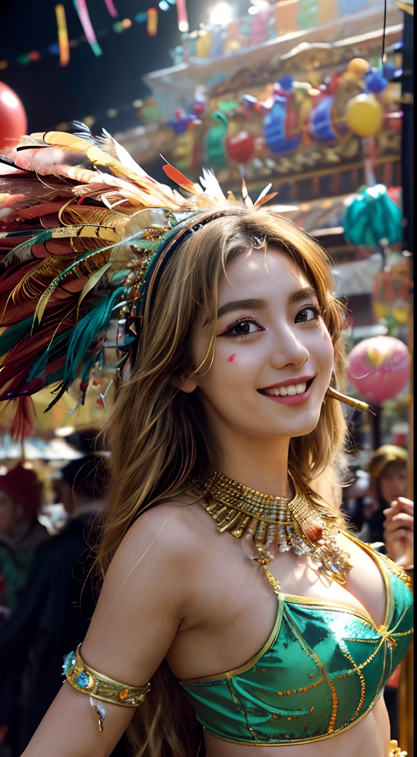 (masterpiece, high resolution, colorful:1.4), joyful crowd, (elaborate costumes:1.3), (feathered headdresses:1.1), dancing parade, (energetic music:1.2), confetti-filled streets, lively atmosphere, (decorative floats:1.1), (bustling market stalls:1.2), (delicious street food:1.1), smiling faces, (balloons:1.3), cheerful balloons, (festive decorations:1.1), (bright lights:1.3), dynamic angle, (flying streamers:1.2), vibrant colors, (dazzling fireworks:1.3), exuberant celebration, (samba dancers:1.2), rhythmic movements, blonde long hair, 8k, extremely detailed face, extremely detailed eyes
