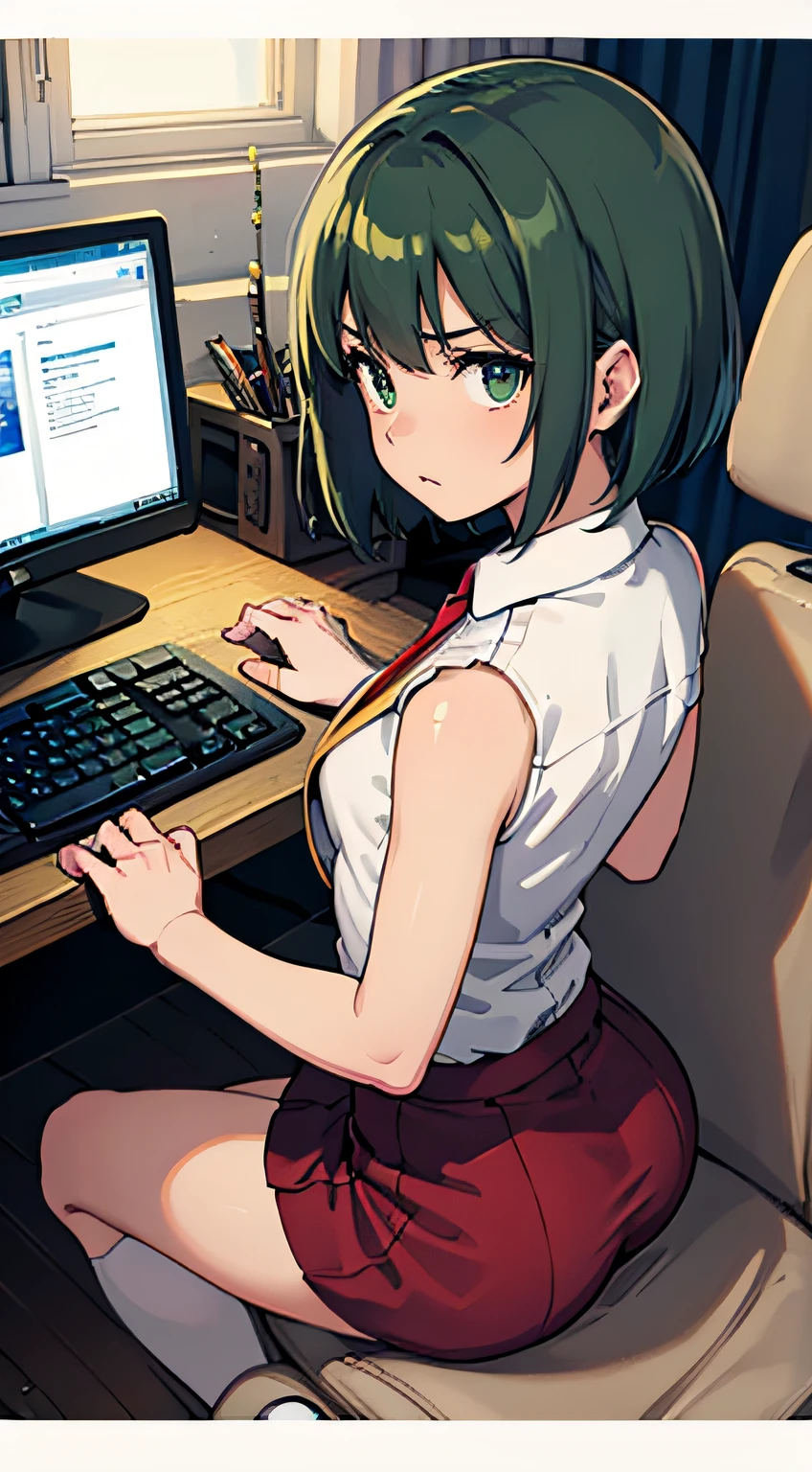 ((Masterpiece, top quality)),(solo), looking back,surprise,uniform, long white shirt, blue tie, red blazer, red vest, beige skirt, skirt is knee length, blue high socks, loafer shoes, teen girl, small breasts , slim thighs, soft skin Beautiful large dark green eyes (high-detail eyes), short silky bob that falls straight down to shoulder length, short hair towards back of head, dark green hair, office, sitting, typing on computer keyboard, expressing dissatisfaction, floating droplets, lens flare, fine features,... Perfect Anatomy, Centered, Perfect Distance, Highly Detailed, Complex, Accurate, Highly Detailed Rich Colors, Smooth, Rich Colors, Accurate, Clean, Rich Colors, Elaborate Detail, Golden Ratio Illustration
