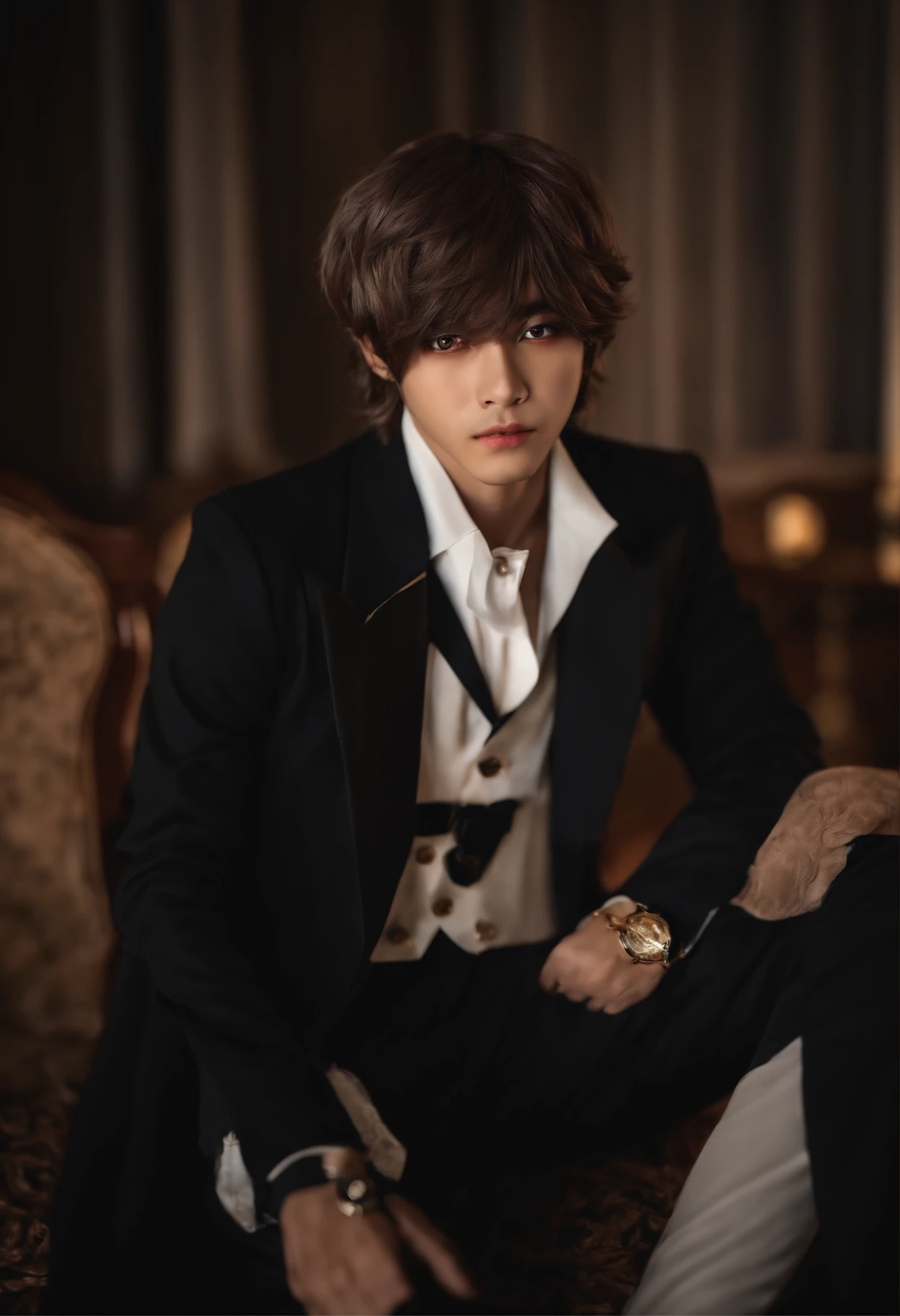 Taehyung loiro sentado fazendo cosplay de Dazai