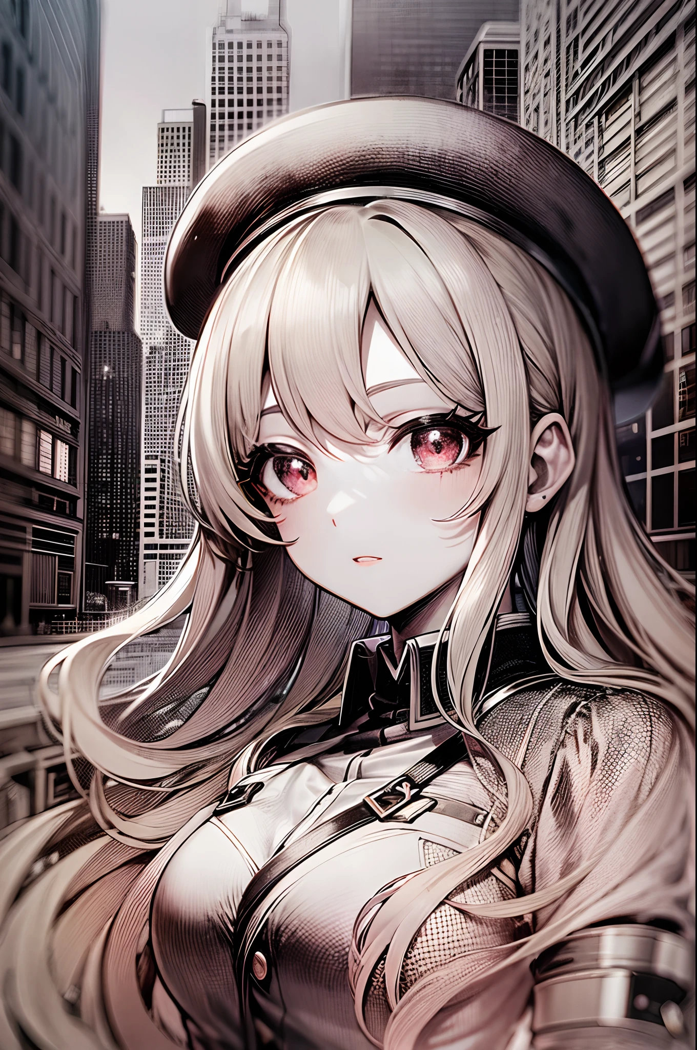 cityscape,contour deepening,partially colored,official art,cute & girly (idolmaster),variations,colorful refraction,caustics,digital illustration,dark fantasy style,dark theme,Dark Fantasy,centaur,beret, uniform,uniform,beret,fighting_stance