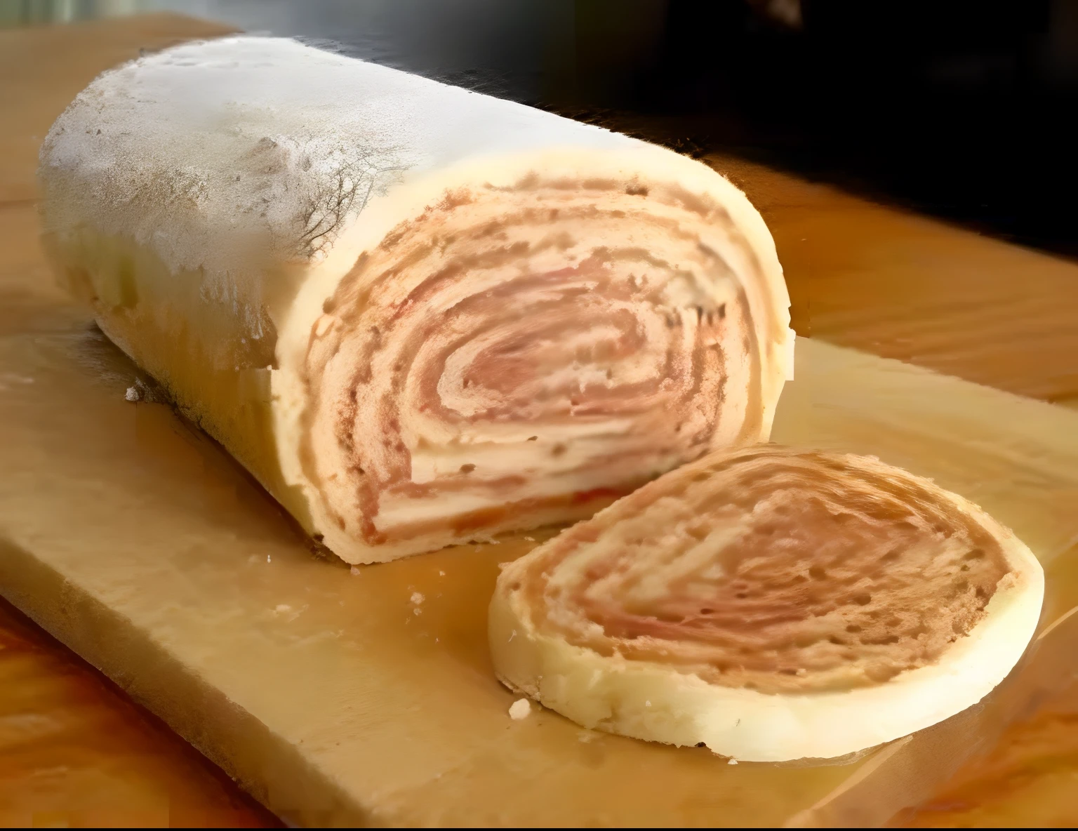 There is a roll of bread on a cutting board with a knife, em forma de rolo de canela, receita, grains", "O gigachadinho supremo, altamente intrincado, 8k)), mmmmm, extremamente intrincado, 8 mil ), effortless, sal, Delicioso com sementes de gergelim, Inchado, pastelaria, brown bread with sliced salo, redemoinho, surrado