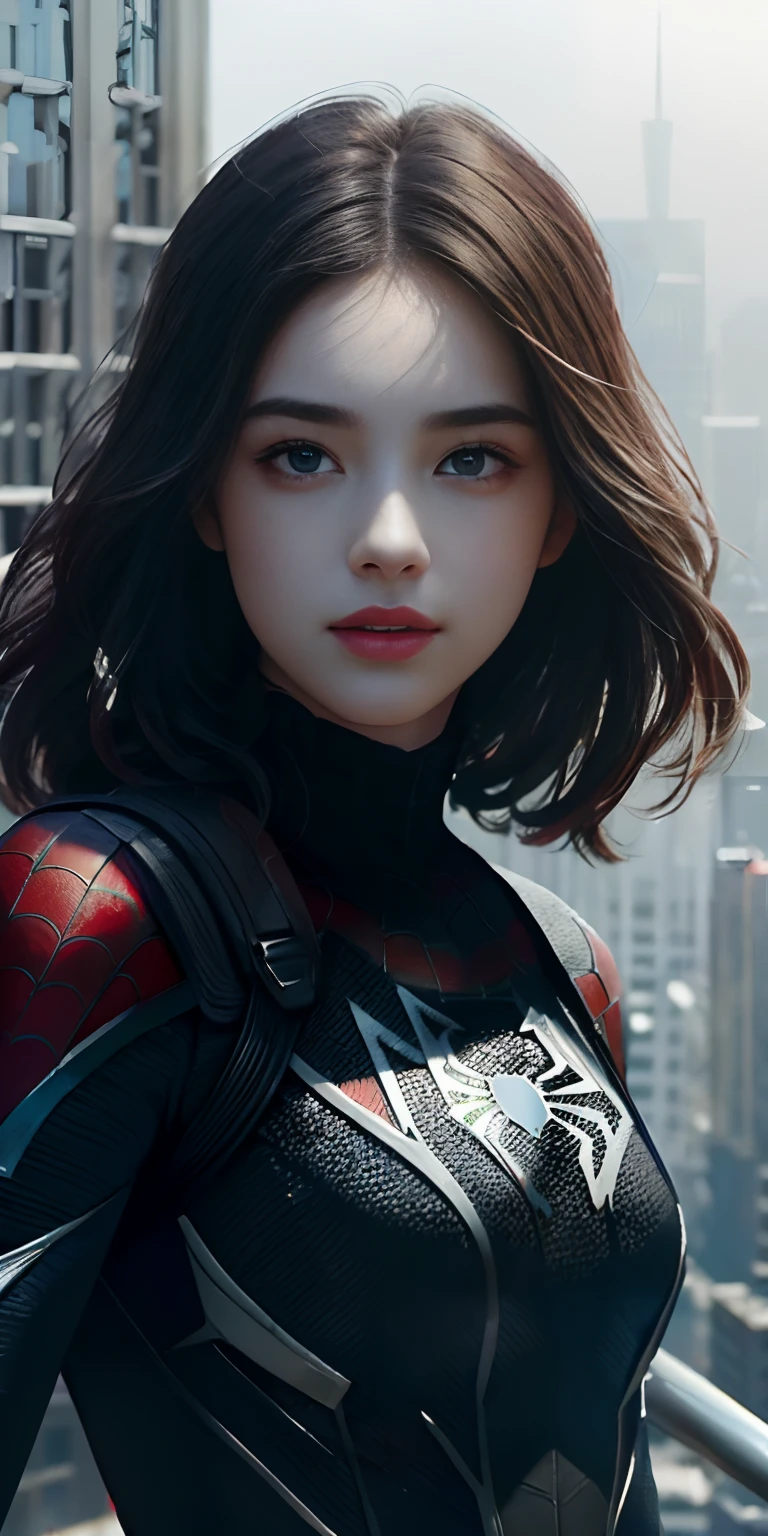 (1girl:1.3), Solo, (((Very detailed face)))), ((Very detailed eyes and face)))), Beautiful detail eyes, Body parts__, Official art, Unified 8k wallpaper, Super detailed, beautiful and beautiful, beautiful, masterpiece, best quality, original, masterpiece, super fine photo, best quality, super high resolution, realistic realism, sunlight, full body portrait, amazing beauty, dynamic pose, delicate face, vibrant eyes, (from the front), She wears black Spider-Man suit, red and black color scheme, spider, very detailed city roof background, rooftop, overlooking the city, detailed face, detailed complex busy background, messy, gorgeous, milky white, highly detailed skin, realistic skin details, visible pores, clear focus, volumetric fog, 8k uhd, DSLR, high quality, film grain, fair skin, photo realism, lomography, futuristic dystopian megalopolis, translucent