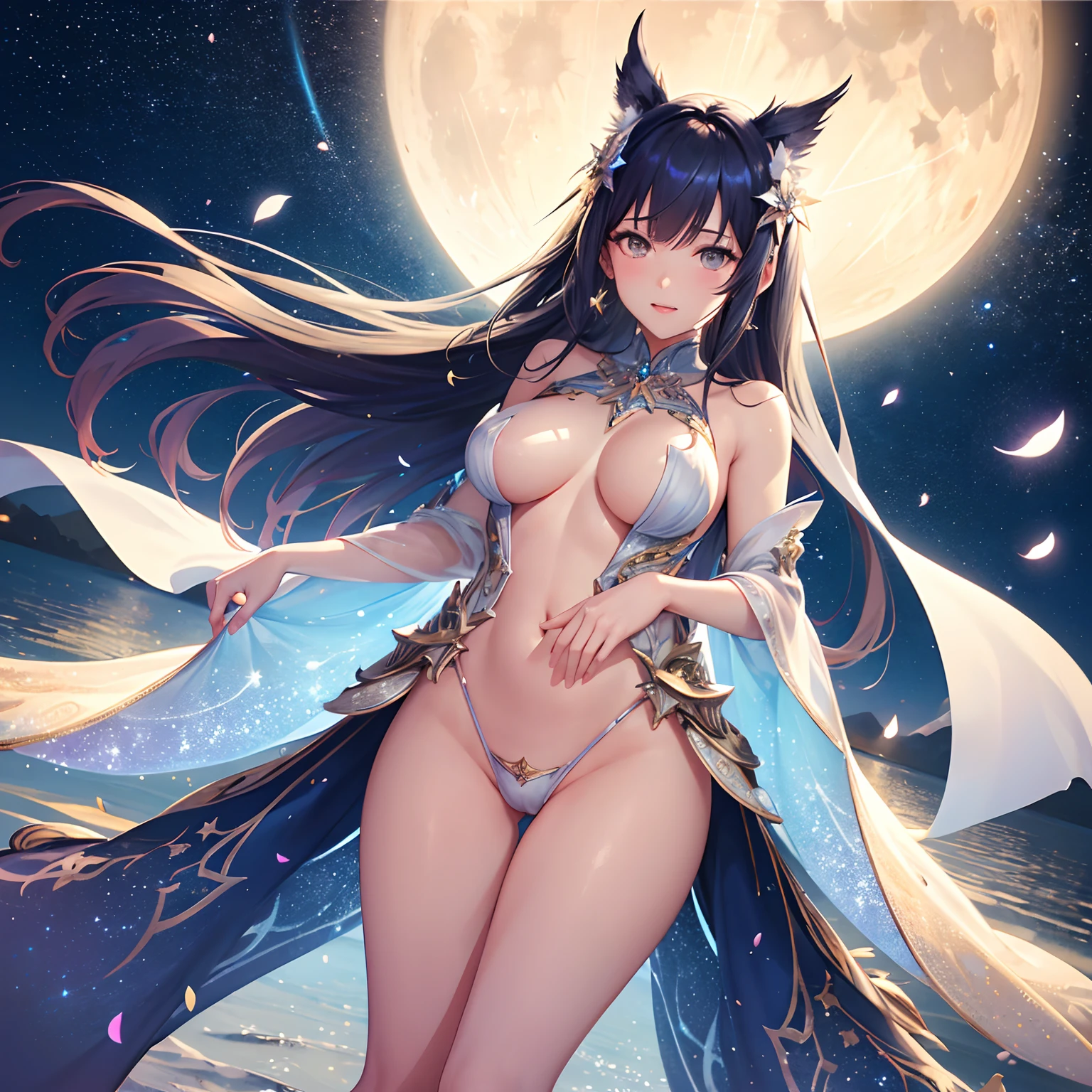 finest image, beautiful cute sexy lady, perfect proportion, crotch peeking out from between the buttocks, stars and moon reflected on the water surface, background that emits fantastic light, light particles, light sparkles, petals, scatter white red gold and silver glitter and confetti, rainbow-colored feathers, professional lighting