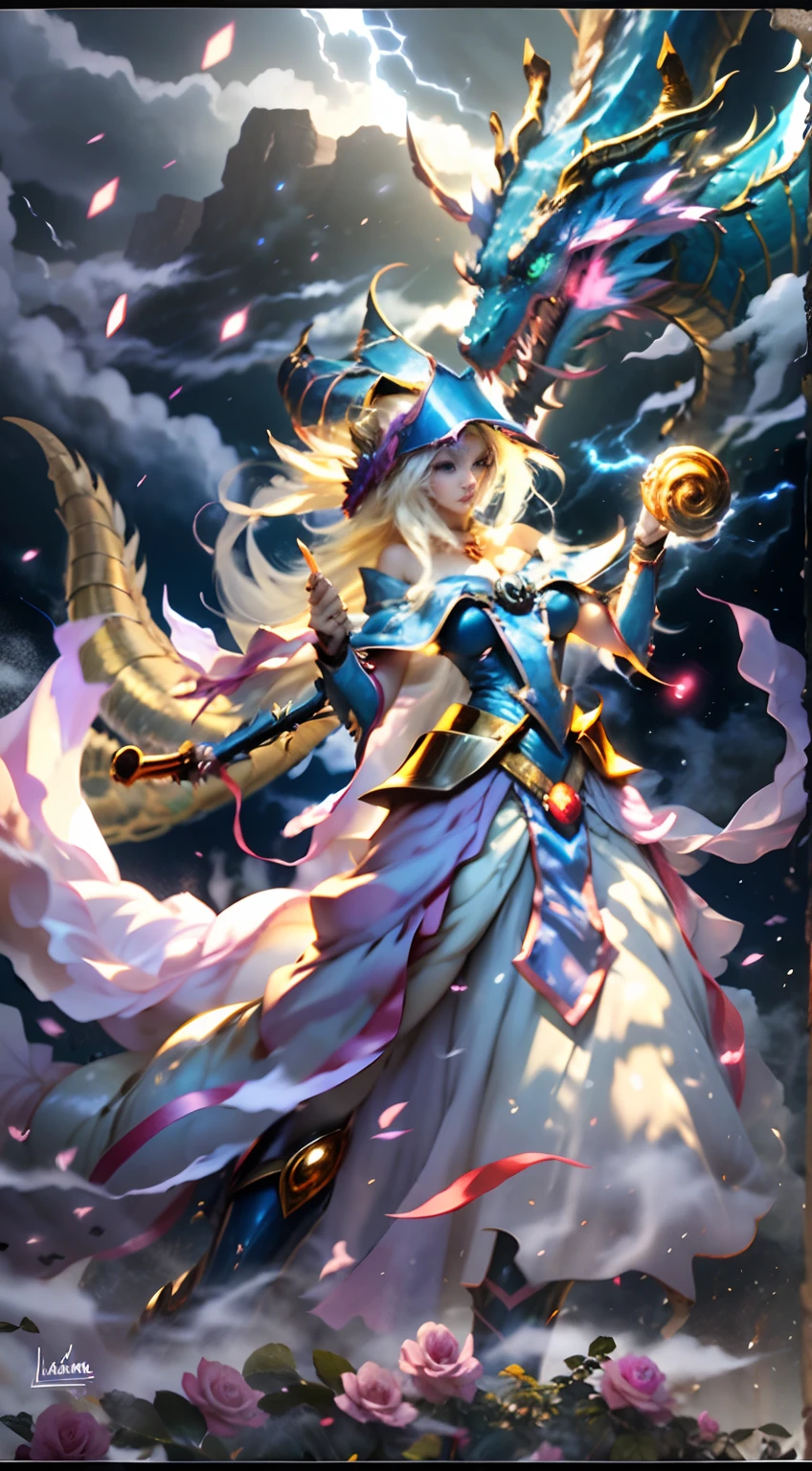 The White Dragon rose into the air(The Dark Wizard manipulates the dragon:1.3),(The dark wizard girl is in front of the camera:1.3),Las nubes del cielo rodean los alrededores,magia de luz,fantastic background,Significado de fondo,Ridiculous background,There are artistic overlays,cabello rubio, surrealismo, cinematic lighting, Trazado de rayos, Luz de Dios, Speed Line, view angle, hiper HD, obra maestra, La mejor calidad, Super detail, A high resolution, alta calidad,(vista lejana:1.3)Dark Wizard Dragon Magic