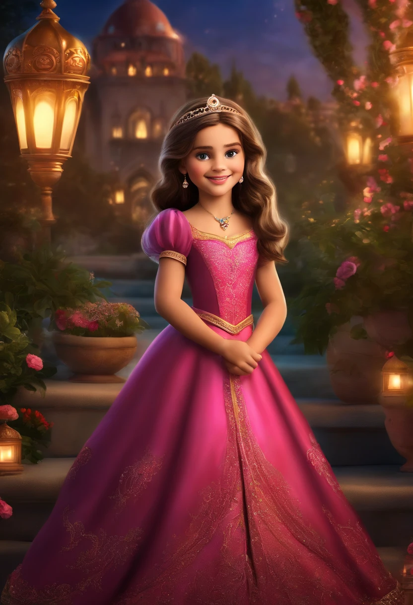 princess sofia,-yeld giDisney character,Aladdin-themed portrait,illustration,exquisite details,elegant dress,royal tiara,enchanted garden backdrop,vibrant colors,masterpiece:1.2,ultra-detailed,realistic,princess,sweet smile,curious eyes,soft skin,enchanted carpet,flying through the night sky,magical lamp,sparkling magic dust,whimsical and dreamy atmosphere,portrait,beautiful background,exquisite jewelry,princess's best friend- a talking animal companion,storybook setting,fairytale princess,vivid colors and intricate patterns,breathtaking scenery,nighttime glow from the lanterns,royal palace in the background,lush greenery and blooming flowers,majestic sunset,romantic and magical vibes,sparkling stars,innocent and joyful expression,fanciful and otherworldly atmosphere.