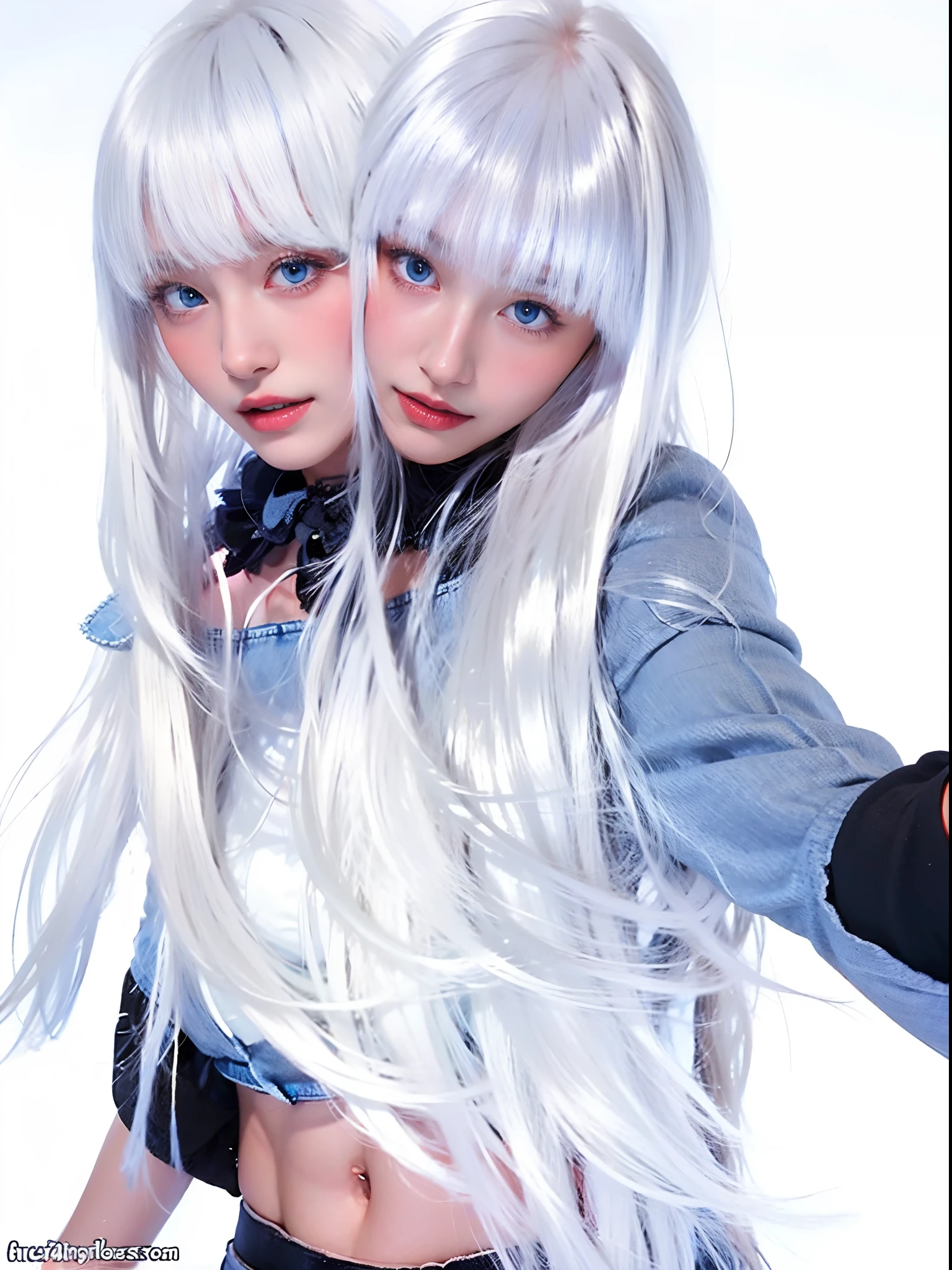 best resolution,, girl with two heads,whute hair, blue eyes, denim costume, white background