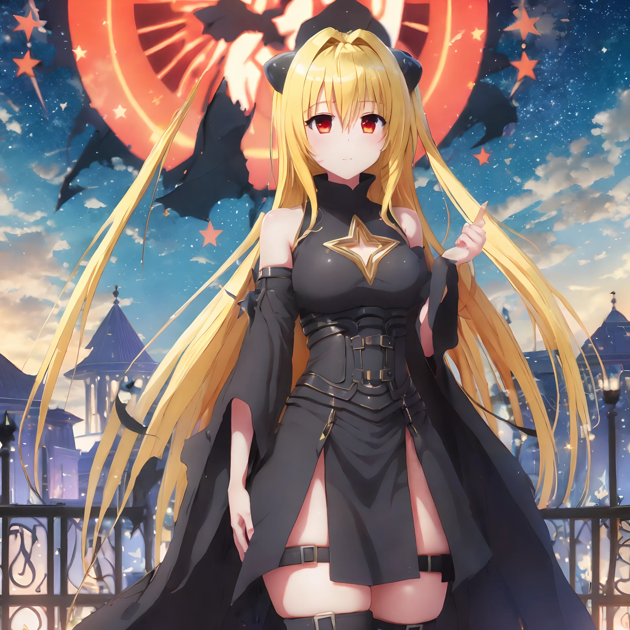 masterpiece, best quality, ultra-detailed, illustration, 1girl, solo, fantasy, flying, floating, Yami the Golden Darkness as a full grown woman, night sky, outdoors, moon, stars, clouds, wind, long layered yellow and blonde hair, elegant black battle dress, four pointed star shaped cutout above bust, beautiful red eyes, mysterious, hands have four normal fingers with one shorter finger which is a thumb