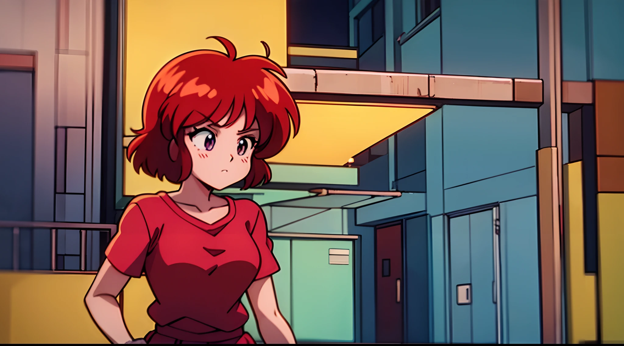a woman with red hair and a green shirt in front of a building at night, lofi, 8 0 s vibe anime, anime vibes, Digital anime illustration, retro anime girl, menina sedutora, Elogio Artstyle, no estilo de arte do anime 8 0 s, Estilo anime. 8k, arte digital do anime cyberpunk, anime 4k.