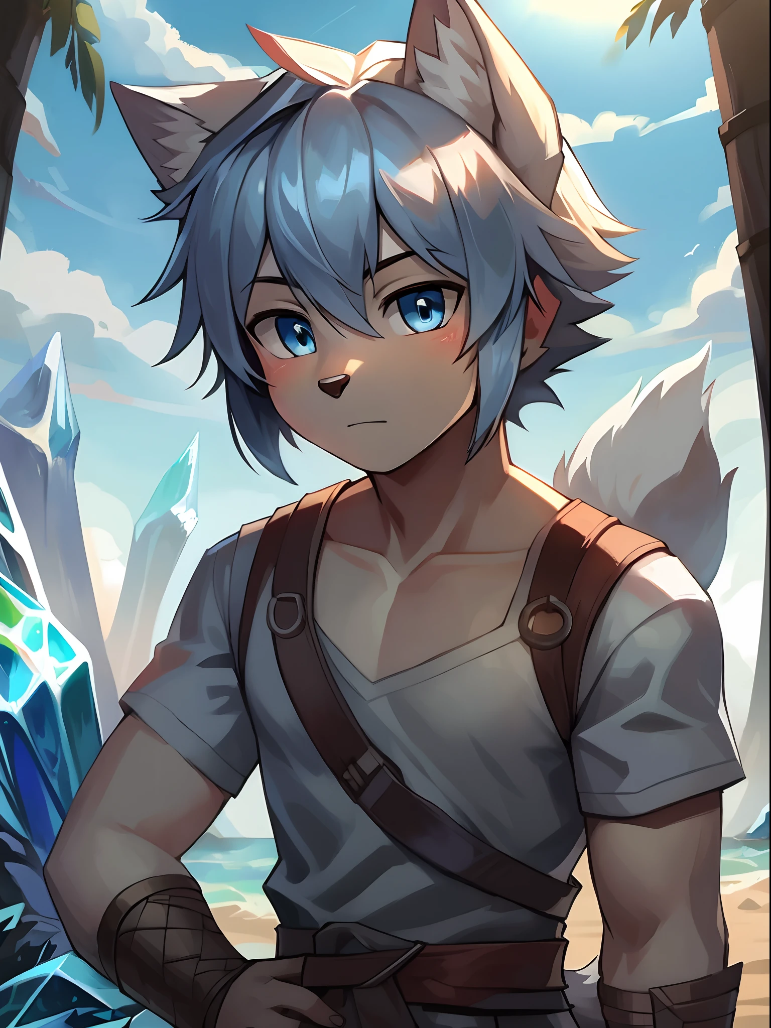 Furry，Wolf boy，White fur，crystal blue eyes，Single fluffy tail，greyt hair，short detailed hair，male people