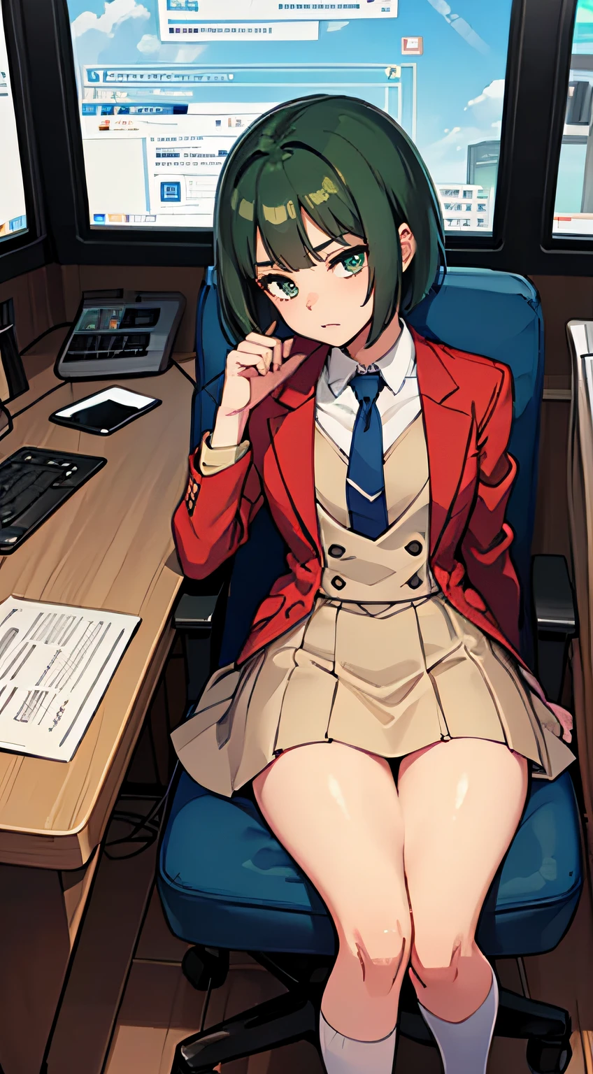 ((Mastepiece, Top quality)), Sleepy expression, Eight head, Uniform, Long white shirt, Blue tie, Red blazer, Red vest, Beige skirt, Knee length skirt, Blue high socks, Loafer shoes, Teenage Uniform, long white shirt, blue tie, red blazer, red vest, beige skirt, skirt is knee length, blue high socks, loafer shoes, , small breasts , slim thighs, soft skin, nice big dark green eyes (high detail eyes), shoulder length straight short silky bob falling down, short hair towards back of head, dark green hair, office, sitting, typing on computer keyboard, expressing dissatisfaction, floating droplet, lens flare, fine features, perfect anatomy, centered, perfect distance, highly detailed, complex Accurate, Accurate, Highly Detailed, Rich Colors, Lush, Lush Colors, Accurate, Clean, Rich Colors, Elaborate Detail, Golden Ratio Illustration