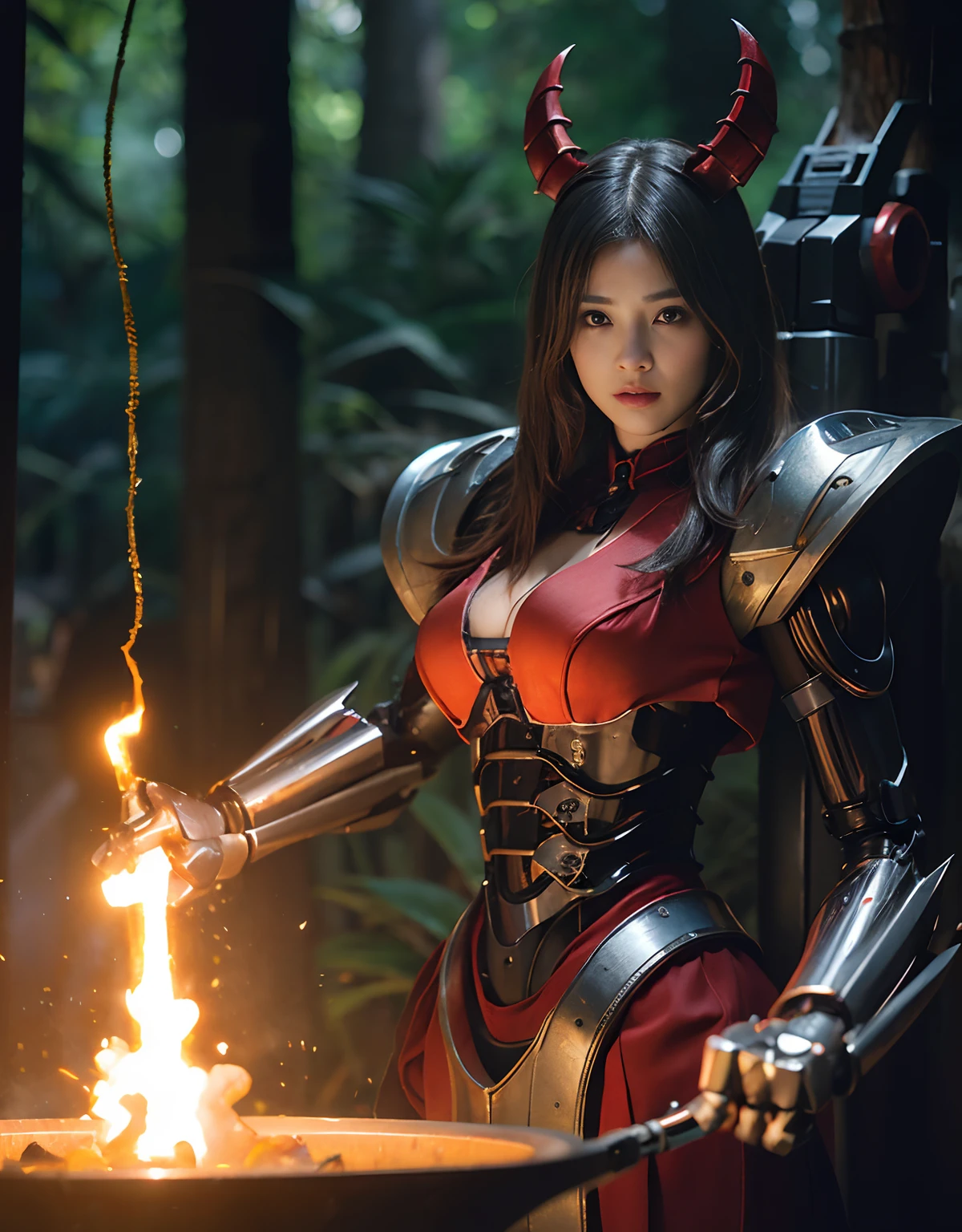 (1 Mechanical Girl)、top-quality、​masterpiece、超A high resolution、(Wearing a crown made of jewels),(Photorealsitic:1.4)、Raw photo、女の子1人、Golden hair、glowy skin、(((1 Mechanical Girl)))、（Realistic dragon background）、（Fight big dragons）、With a beautiful knife、（Metal bodysuit）、(beautiful forest background)、Precipitous cliffs、(Small LED)、((super realistic details))、portlate、globalillumination、Shadow、octan render、（One-Eyed Scouter）、8K、ultrasharp、Colossal tits、Raw skin is exposed in cleavage、metals、Details of complex ornaments、Japan details、highly intricate detail、Realistic light、CGSoation Trends、Red Eyes、radiant eyes、Facing the camera、neon details、(Mechanical limbs)、(blood vessels connected to tubes)、Mechanical vertebrae attached to the back、mechanical cervical attaching to neck、(Wires and cables connecting to the head)、Gundam、Small LED、,Mechanical thighs、Toostock、（Hands are also made of machines）、
