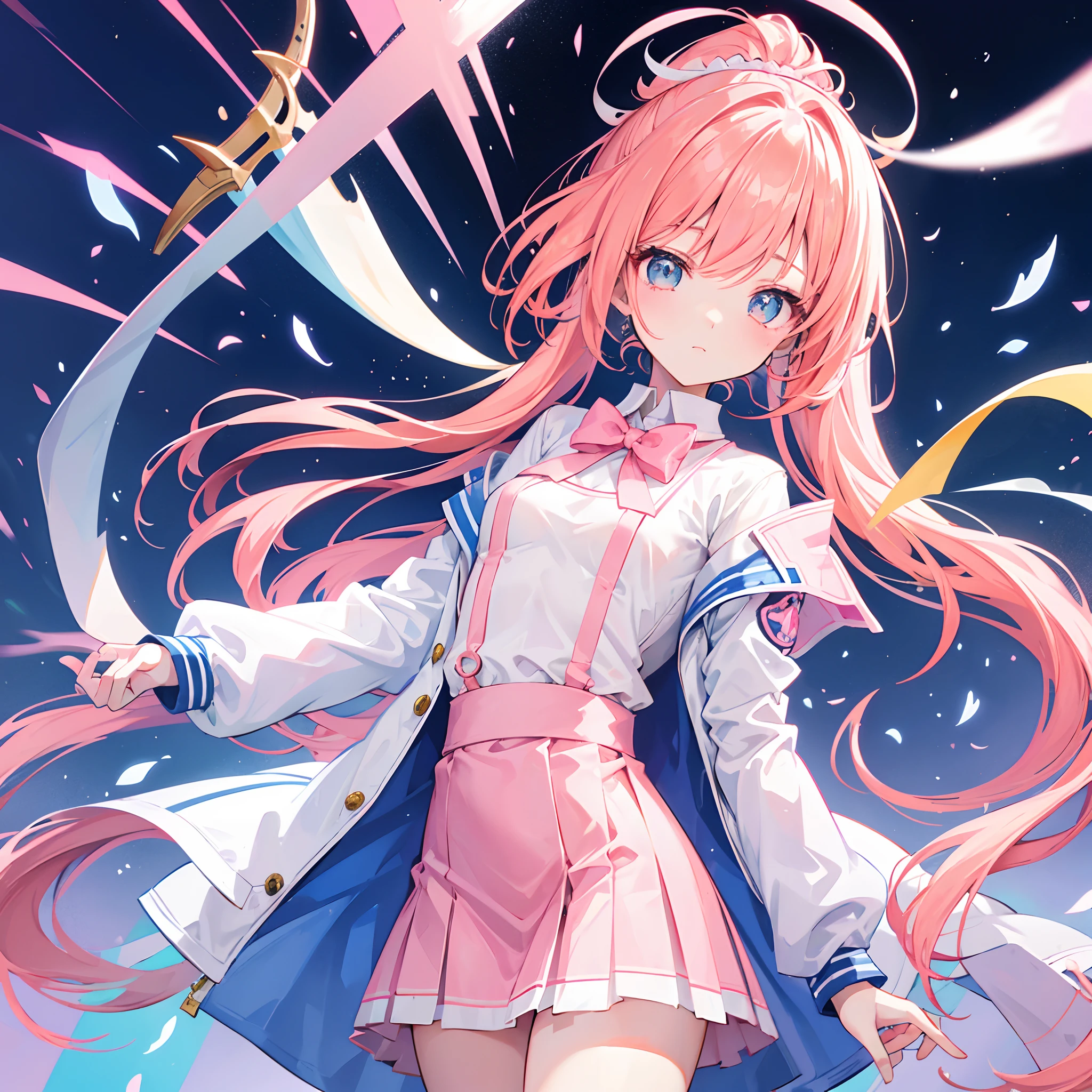 Long light orange hair,Pink bow,Fairy braids,Short pink hair,The transparency of a nurse's uniform,Wearing a milky white ultra-light pink school uniform,Light pink pupils,Super cute sweet girl pink yellow hair,High ponytail,Jacket school uniform,Slim waist, Flat chest,Sweet cute girl with slightly blue hands,White figure eight bangs,Fairies in soft clothes flutter blue and white yarn,She is a fairy-like sword repair girl,Has pink and yellow hair,High ponytail,Jacket school uniform,Slim waist, Flat chest,Sweet and cute girl